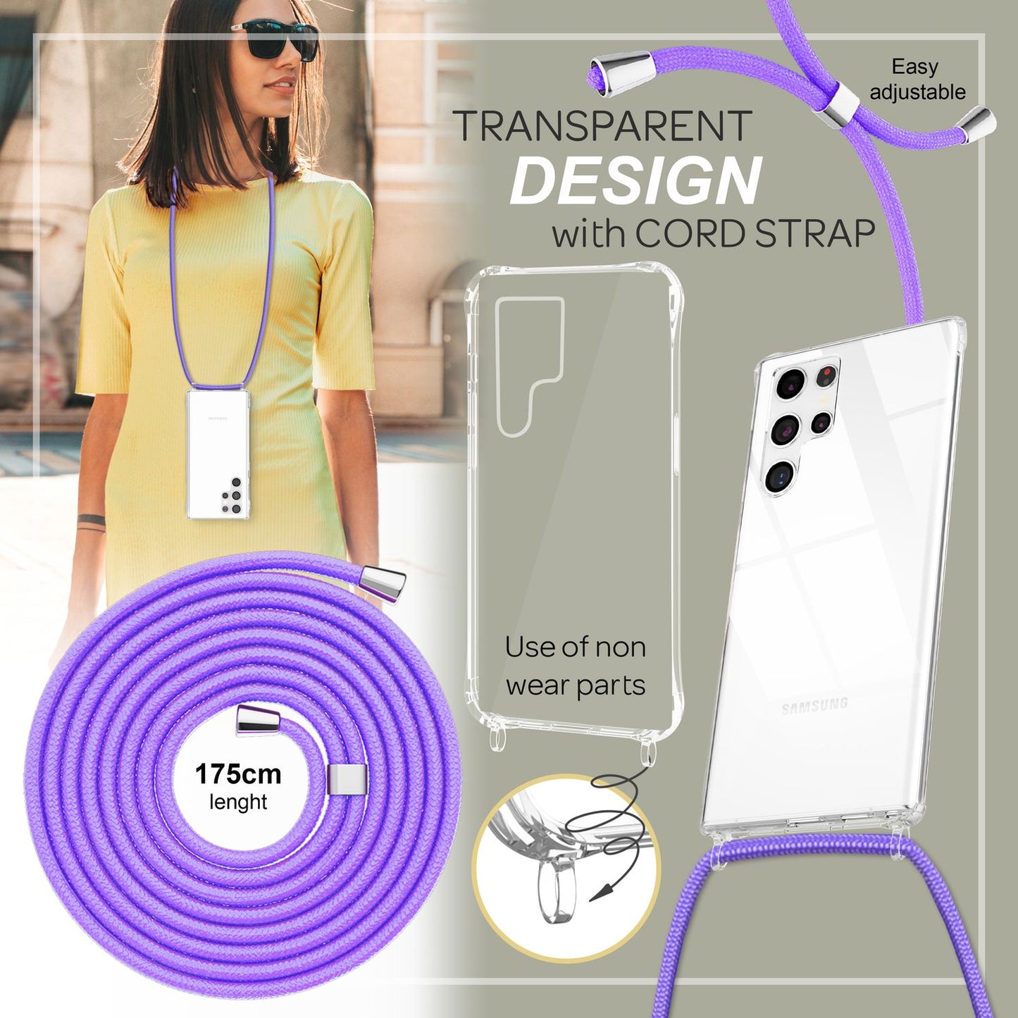 Gegnsætt hulstur með keðju fyrir Samsung Galaxy S23 Ultra