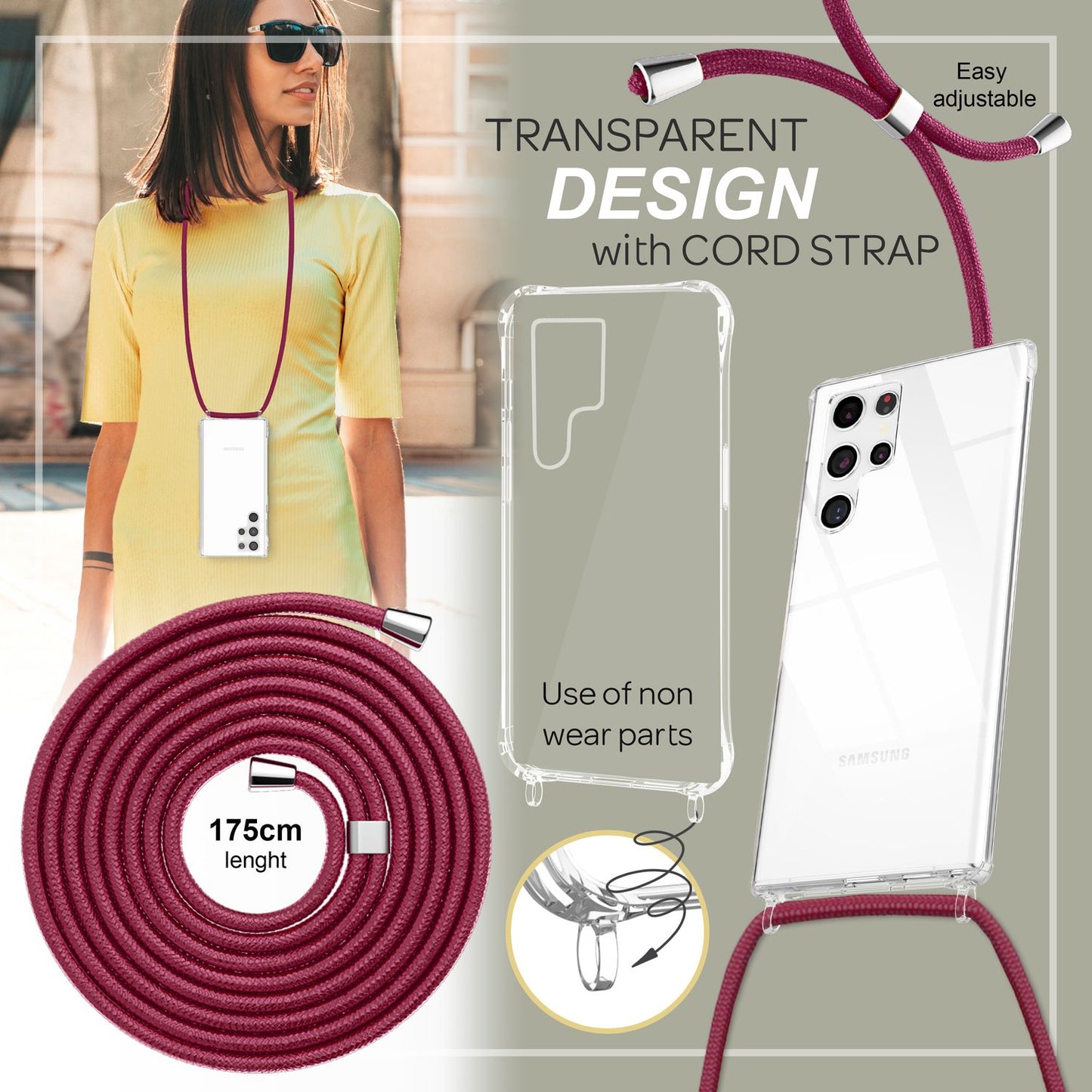 Gegnsætt hulstur með keðju fyrir Samsung Galaxy S23 Ultra