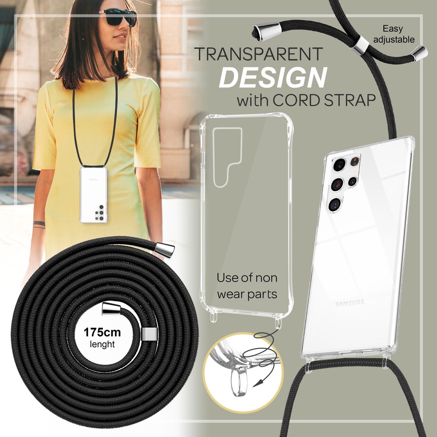 Gegnsætt hulstur með keðju fyrir Samsung Galaxy S23 Ultra