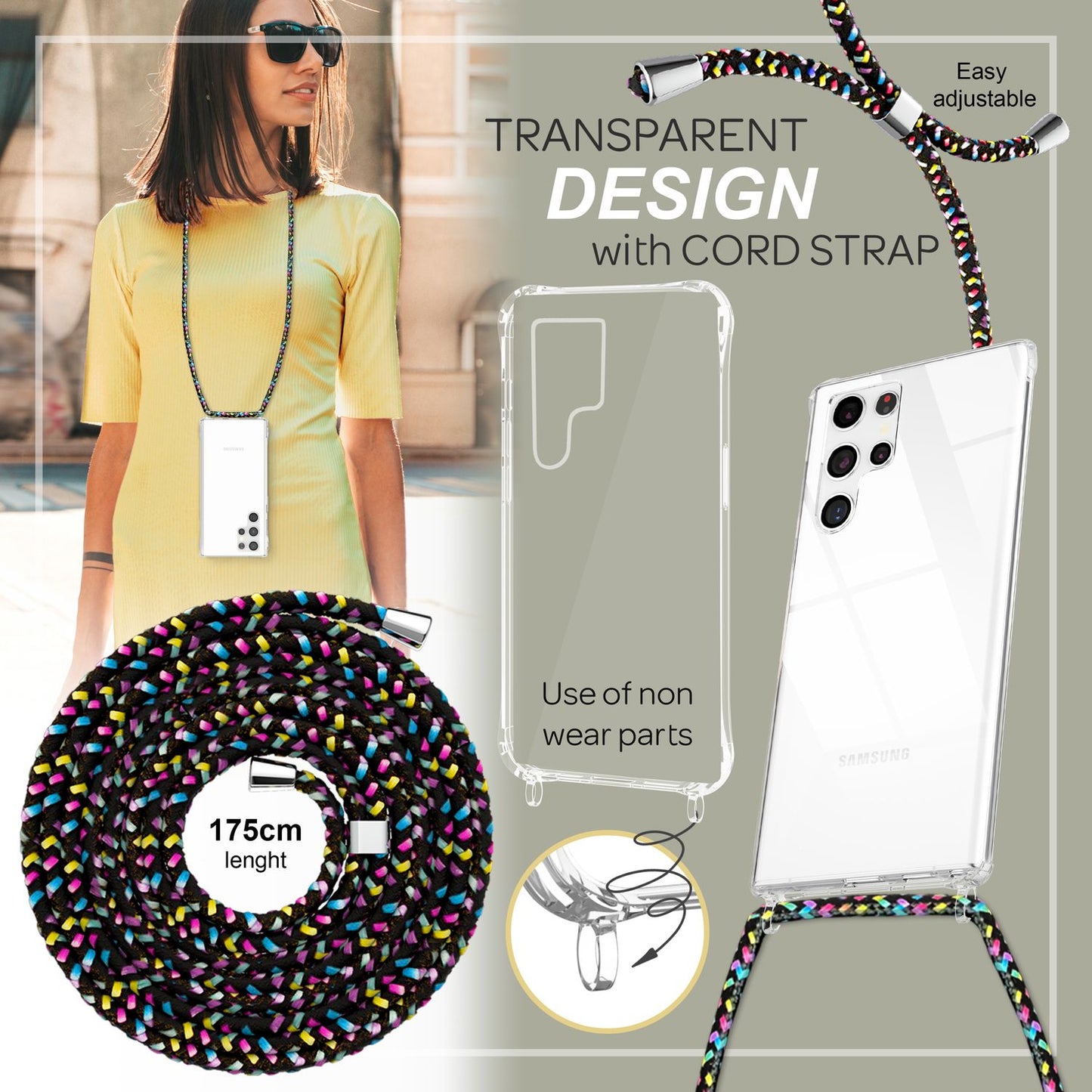 Gegnsætt hulstur með keðju fyrir Samsung Galaxy S23 Ultra