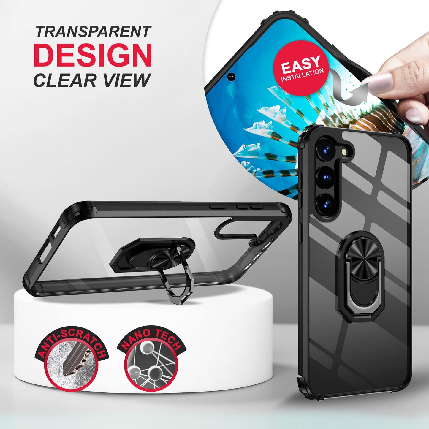 Klare Ring Hülle für Samsung Galaxy S23 Plus, 2x Display & Kameraschutz, Schwarz