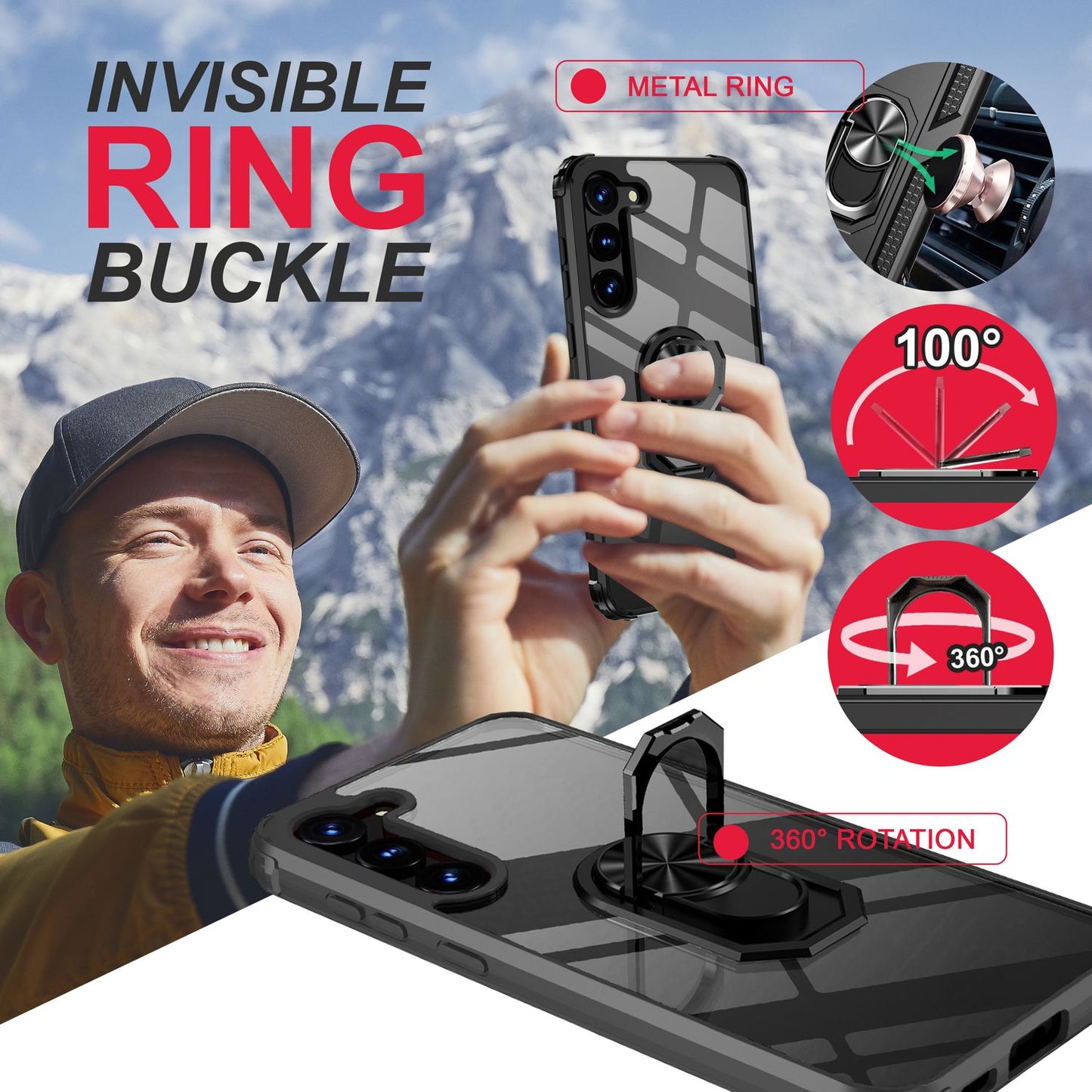 Klare Ring Hülle für Samsung Galaxy S23 Plus, 2x Display & Kameraschutz, Schwarz