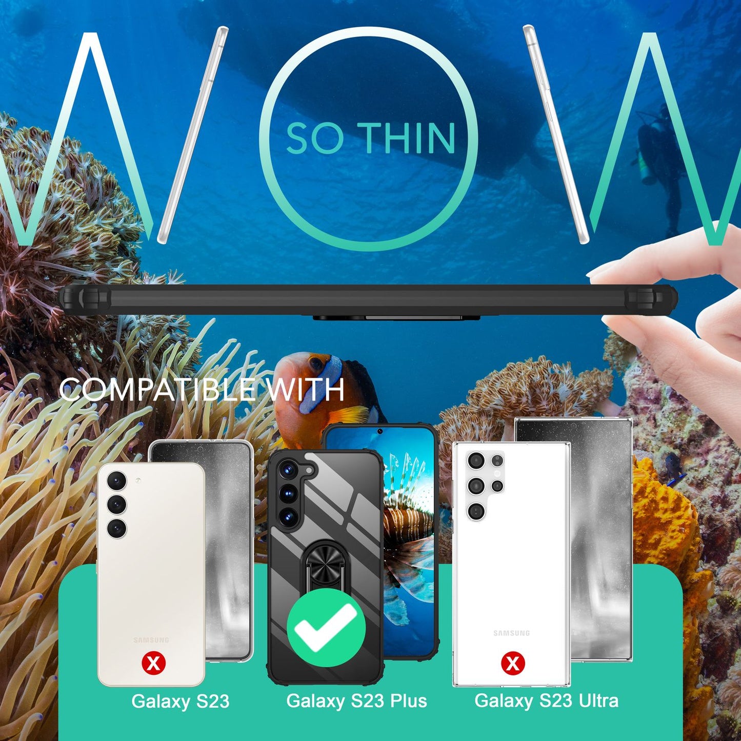 Klare Ring Hülle für Samsung Galaxy S23 Plus, 2x Display & Kameraschutz, Schwarz