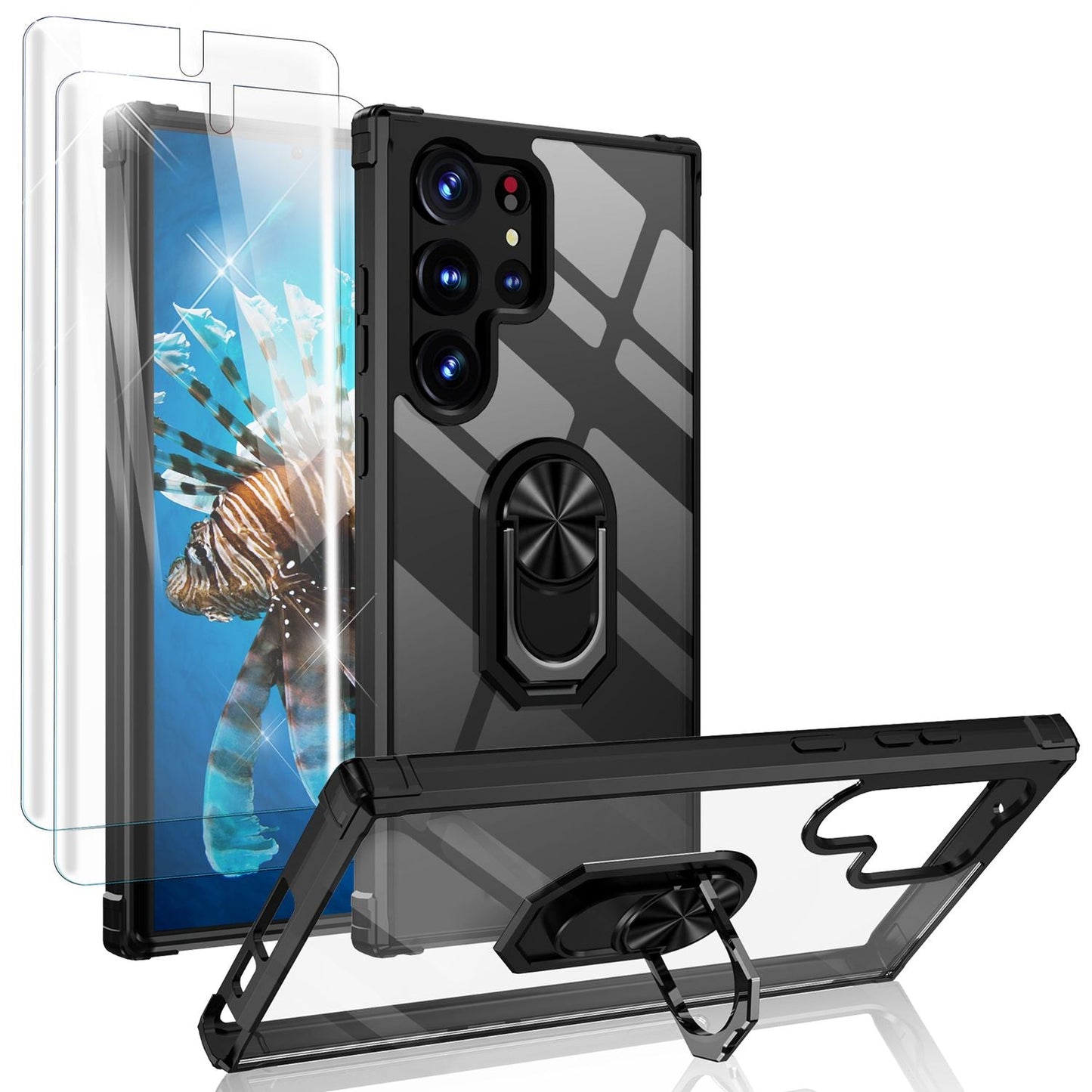 Clear ring case for Samsung Galaxy S23 Ultra, 2x screen protector film, black