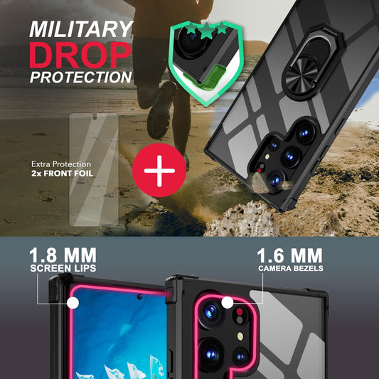 Clear ring case for Samsung Galaxy S23 Ultra, 2x screen protector film, black