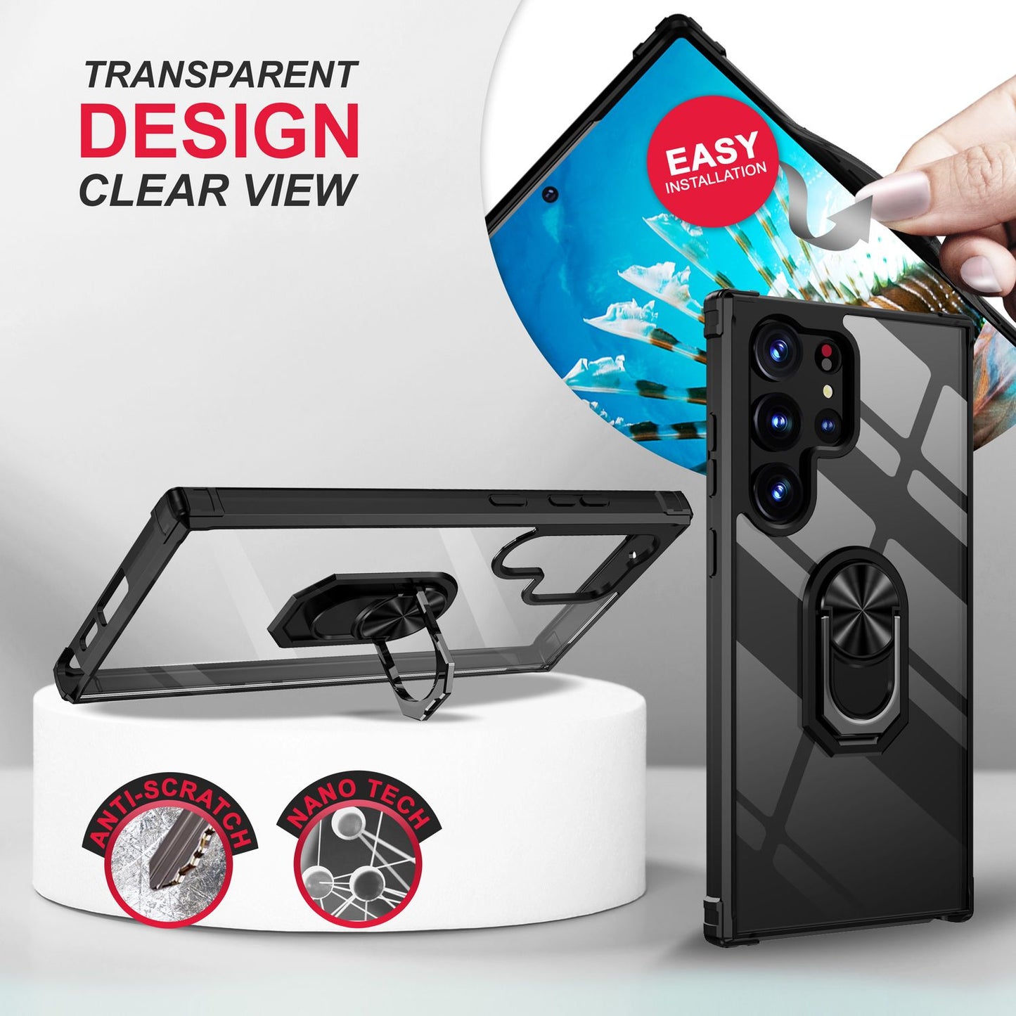 Clear ring case for Samsung Galaxy S23 Ultra, 2x screen protector film, black