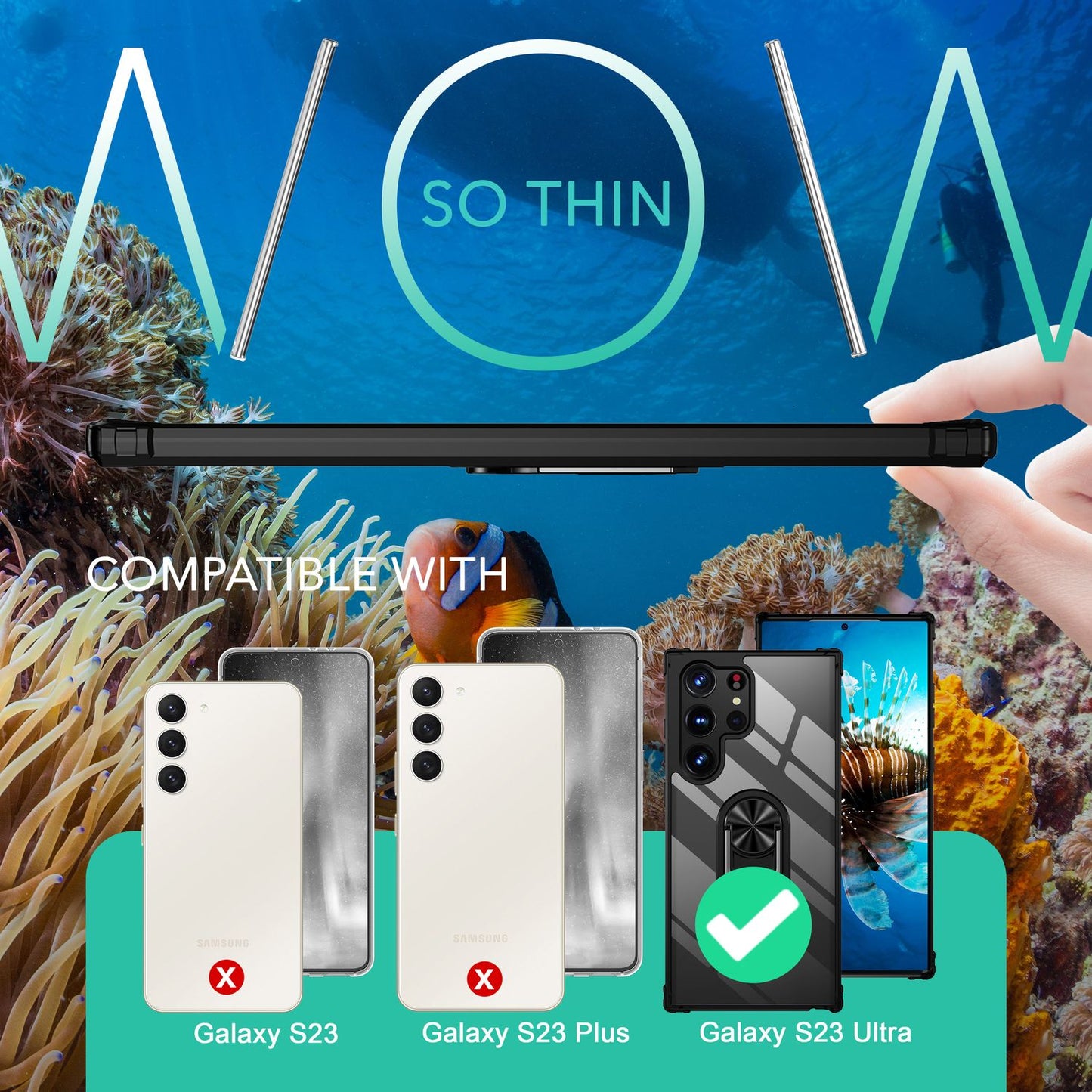 Clear ring case for Samsung Galaxy S23 Ultra, 2x screen protector film, black