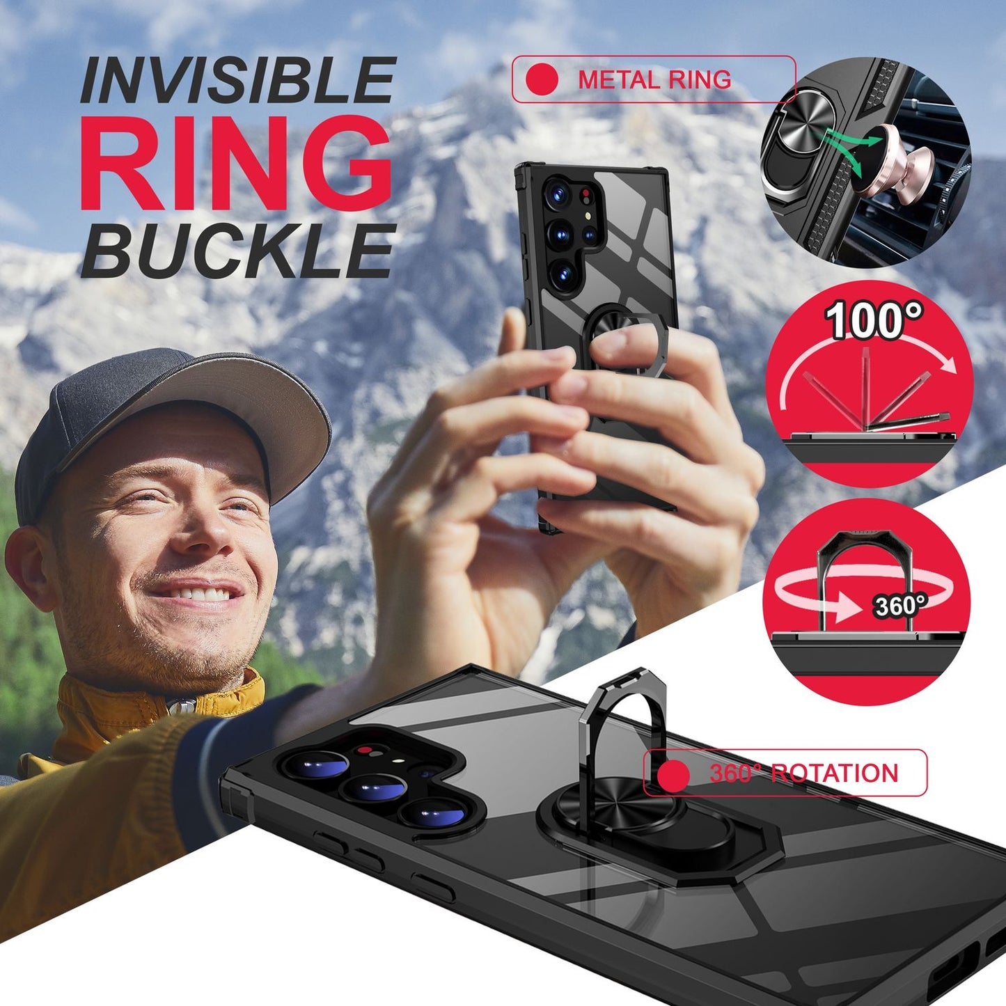 Clear ring case for Samsung Galaxy S23 Ultra, 2x screen protector film, black