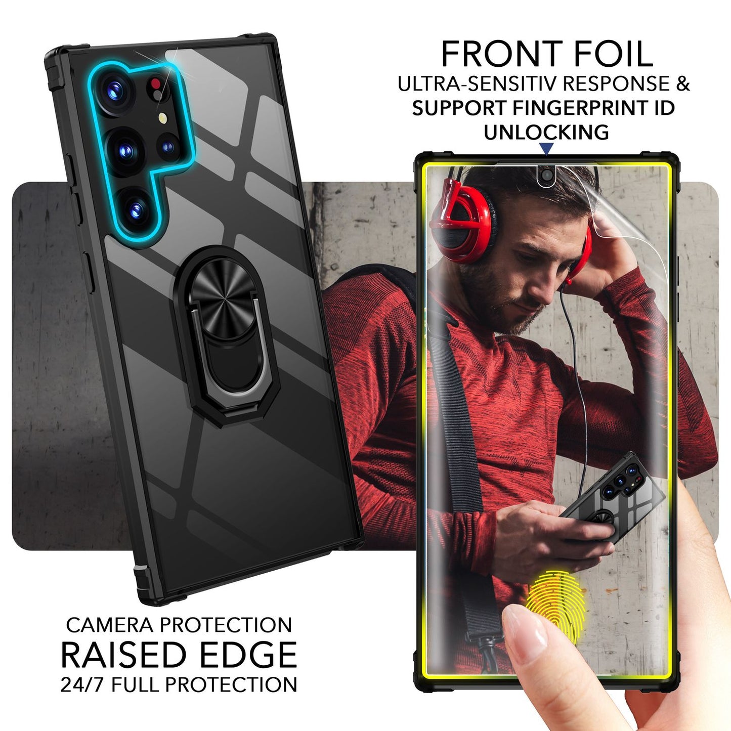 Clear ring case for Samsung Galaxy S23 Ultra, 2x screen protector film, black