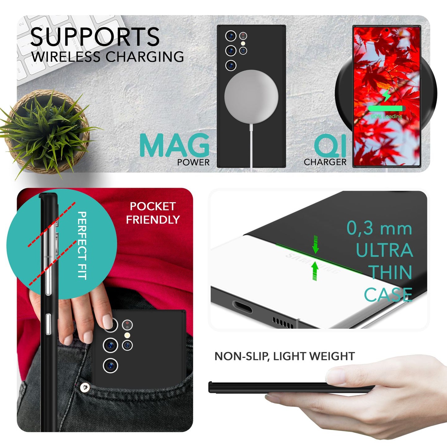 0.3mm Thin Phone Case for Samsung Galaxy S23 Ultra, 2x Screen Protectors