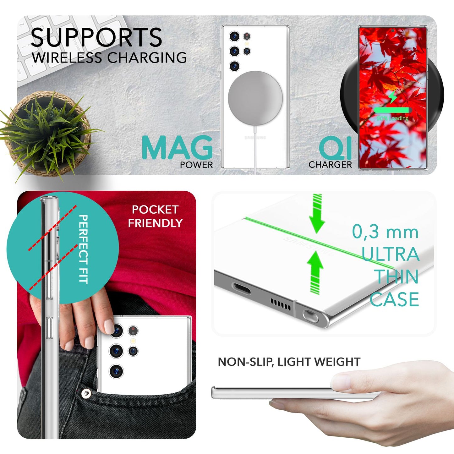 0.3mm Thin Phone Case for Samsung Galaxy S23 Ultra, 2x Screen Protectors