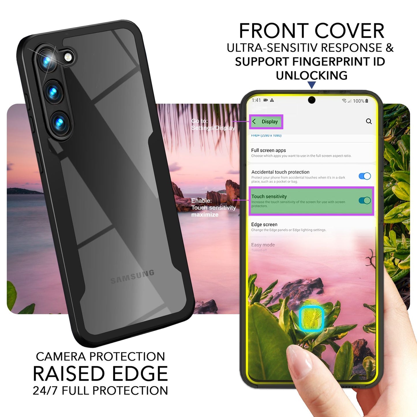 Clear 360-degree hybrid case for Samsung Galaxy S23, full-cover protection, black