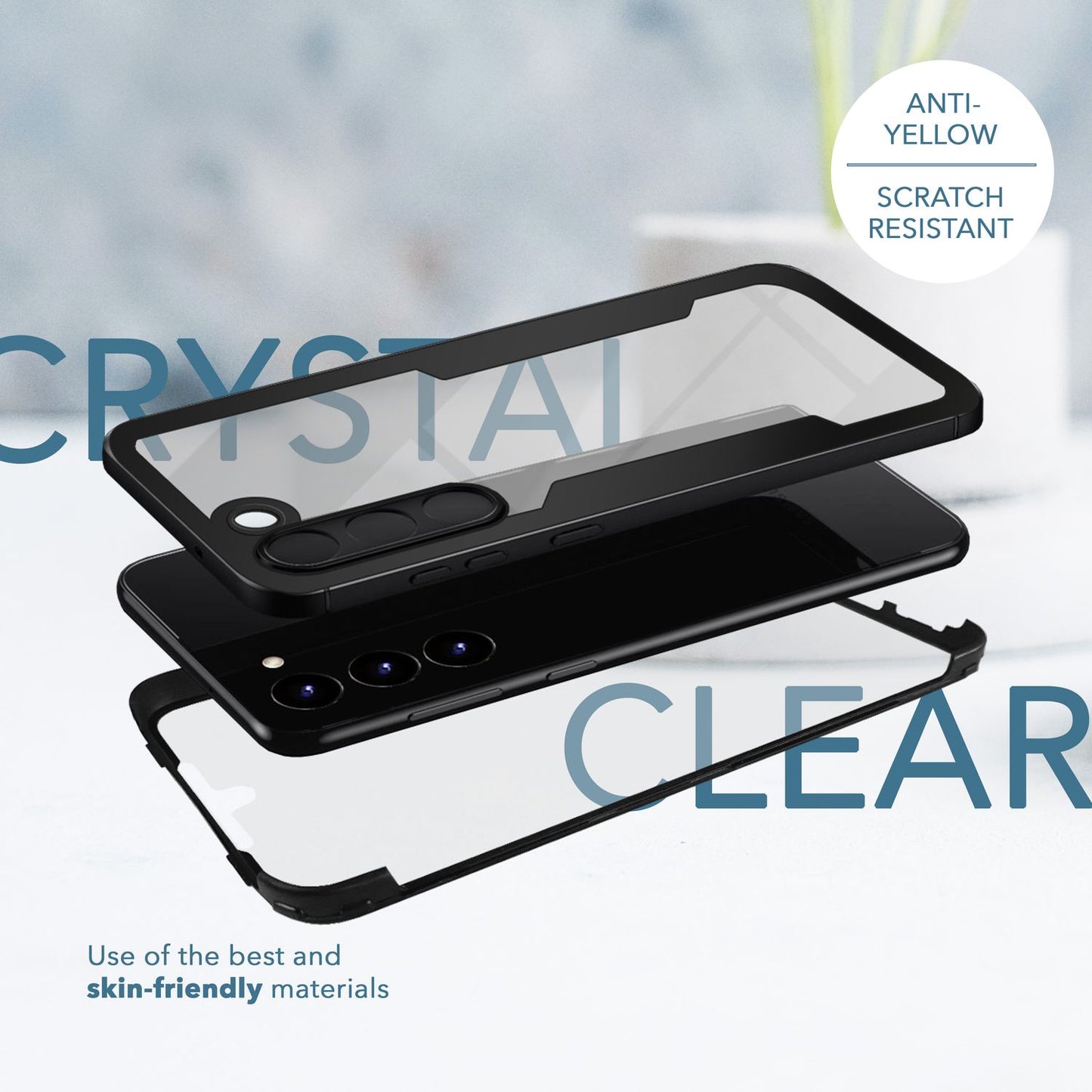 Clear 360-degree hybrid case for Samsung Galaxy S23, full-cover protection, black