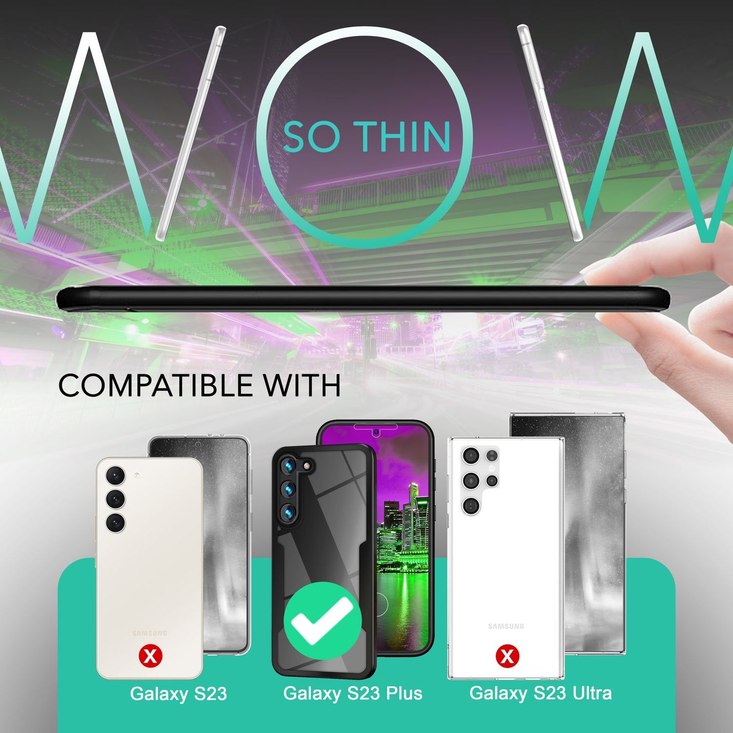 Clear 360-degree hybrid case for Samsung Galaxy S23 Plus, full-body case, black