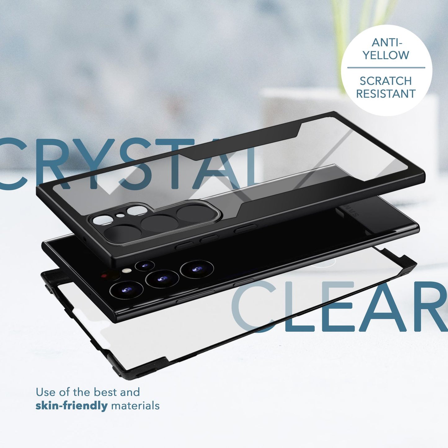 Klare 360 Grad Hybrid Hülle für Samsung Galaxy S23 Ultra, Schutz-Rahmen Schwarz