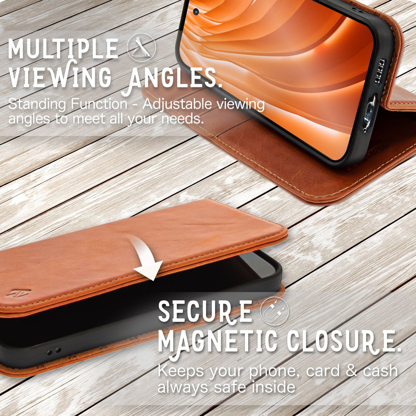 Flip case for Samsung Galaxy S23, genuine leather phone case, 360-degree opening, RFID safe