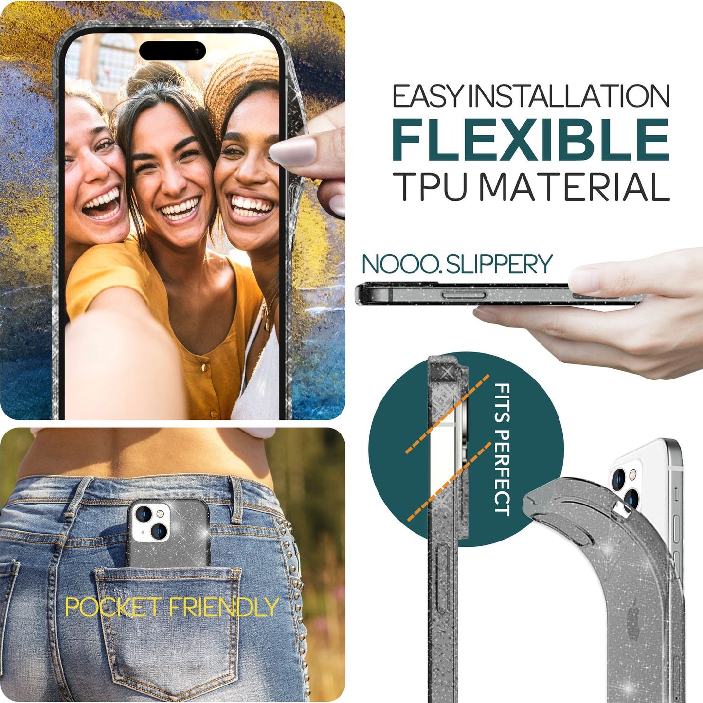 Glitter Case for iPhone 15, Bling Case, Clear Silicone Phone Case, Protective TPU Bag