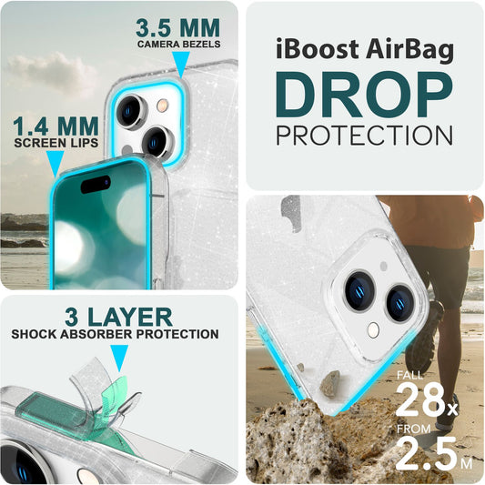 Glitrandi hulstur fyrir iPhone 15 Plus, Bling hulstur, gegnsætt sílikon símahulstur