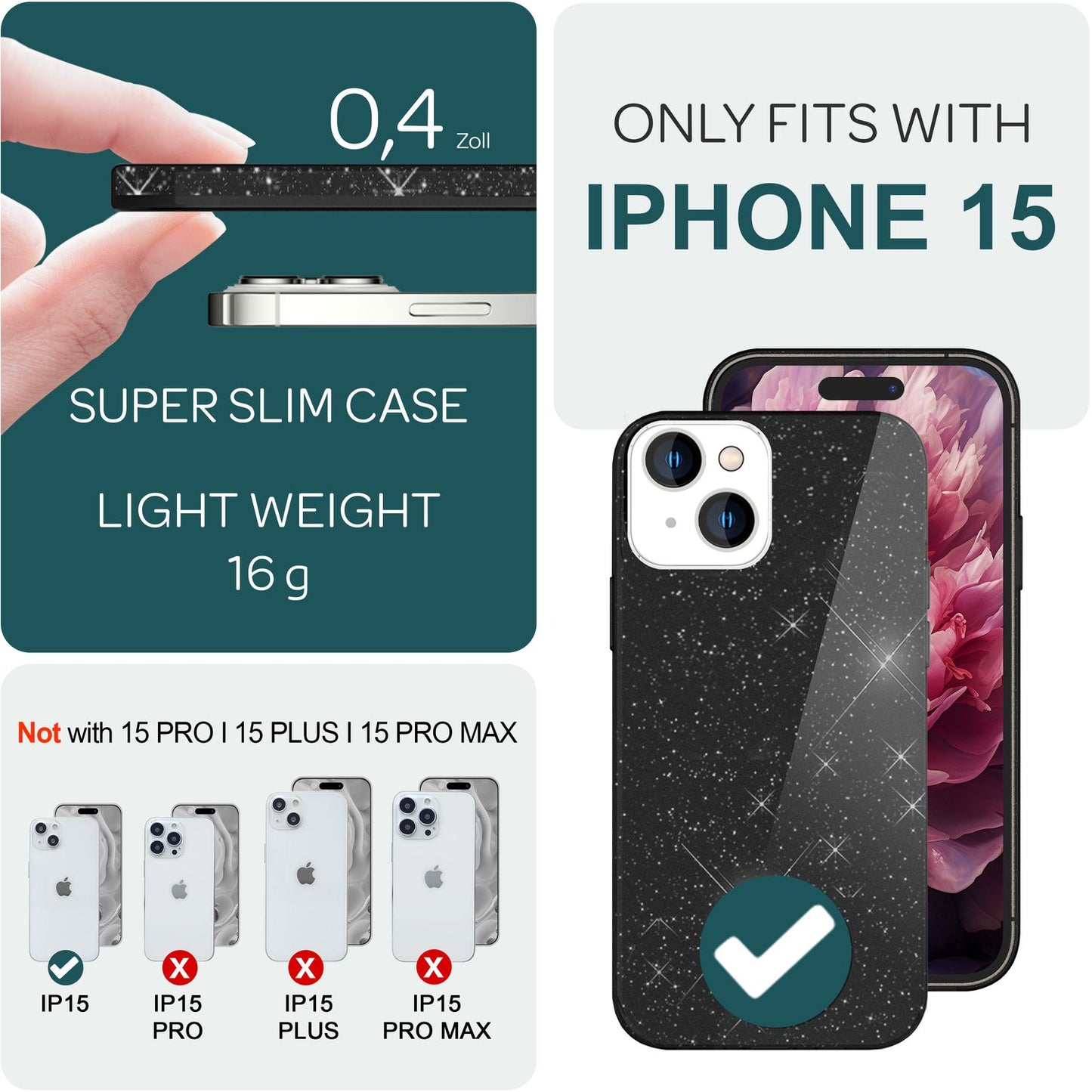 Glitrandi hulstur fyrir iPhone 15 Hybrid Bling hulstur Sílikon símahulstur Verndandi poki