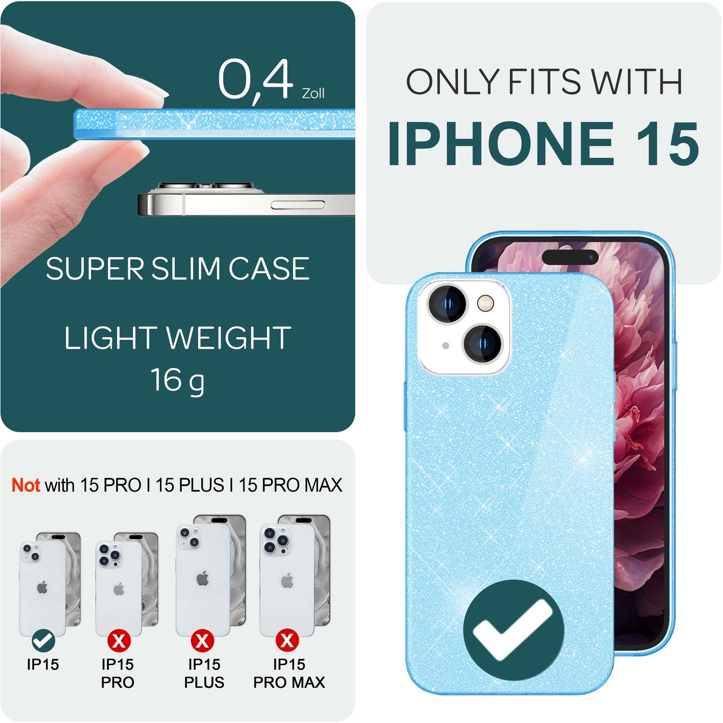 Glitrandi hulstur fyrir iPhone 15 Hybrid Bling hulstur Sílikon símahulstur Verndandi poki