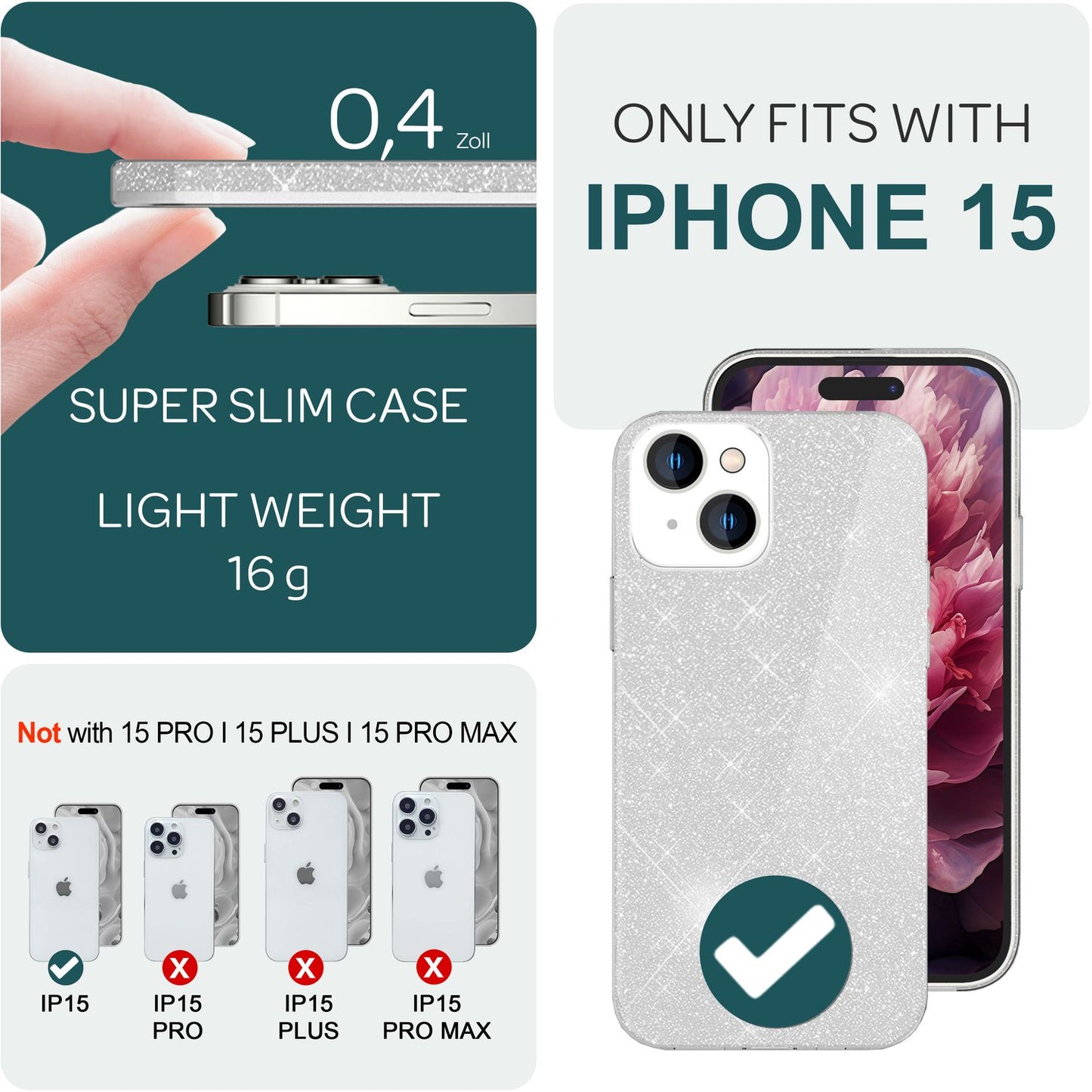 Glitrandi hulstur fyrir iPhone 15 Hybrid Bling hulstur Sílikon símahulstur Verndandi poki