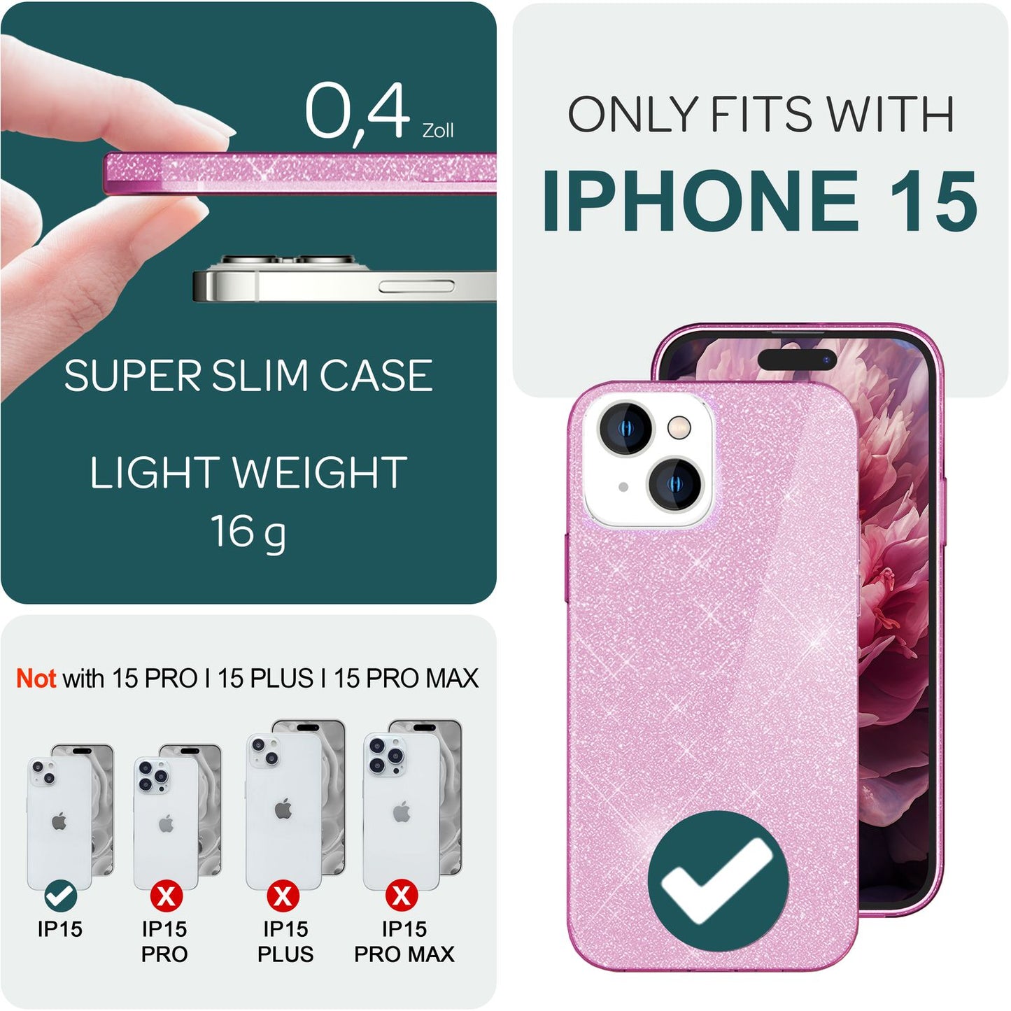 Glitrandi hulstur fyrir iPhone 15 Hybrid Bling hulstur Sílikon símahulstur Verndandi poki