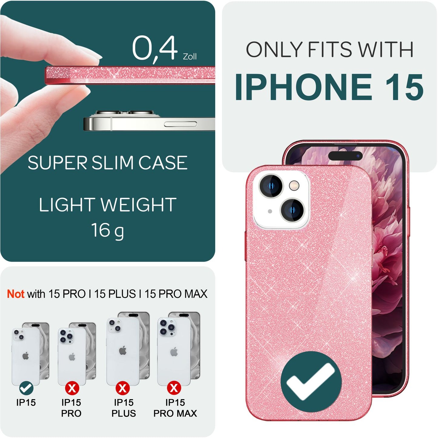 Glitrandi hulstur fyrir iPhone 15 Hybrid Bling hulstur Sílikon símahulstur Verndandi poki
