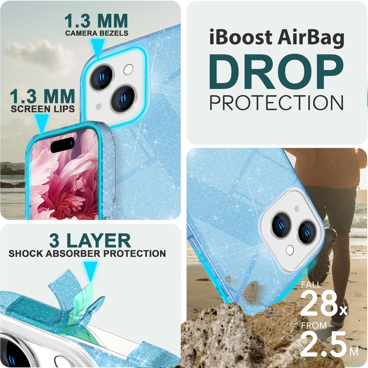 Glitrandi hulstur fyrir iPhone 15 Hybrid Bling hulstur Sílikon símahulstur Verndandi poki