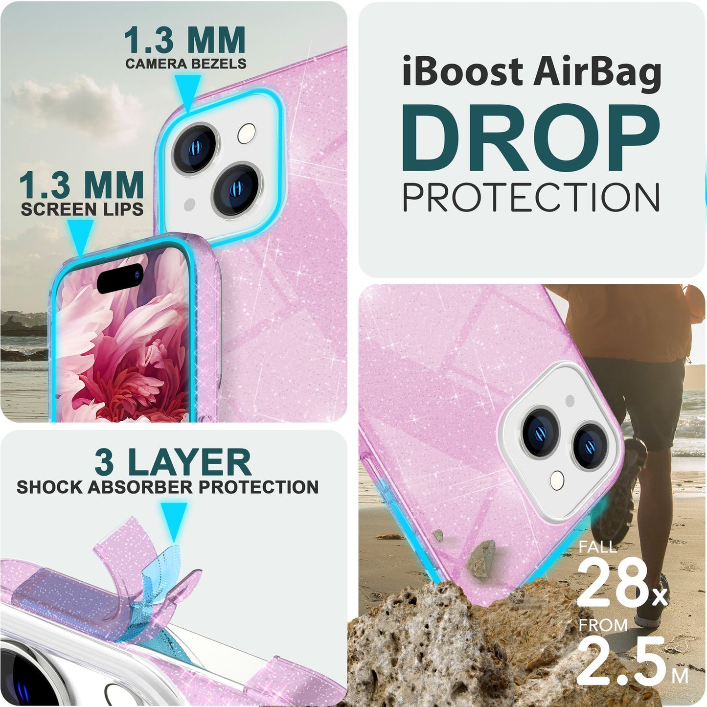 Glitrandi hulstur fyrir iPhone 15 Hybrid Bling hulstur Sílikon símahulstur Verndandi poki