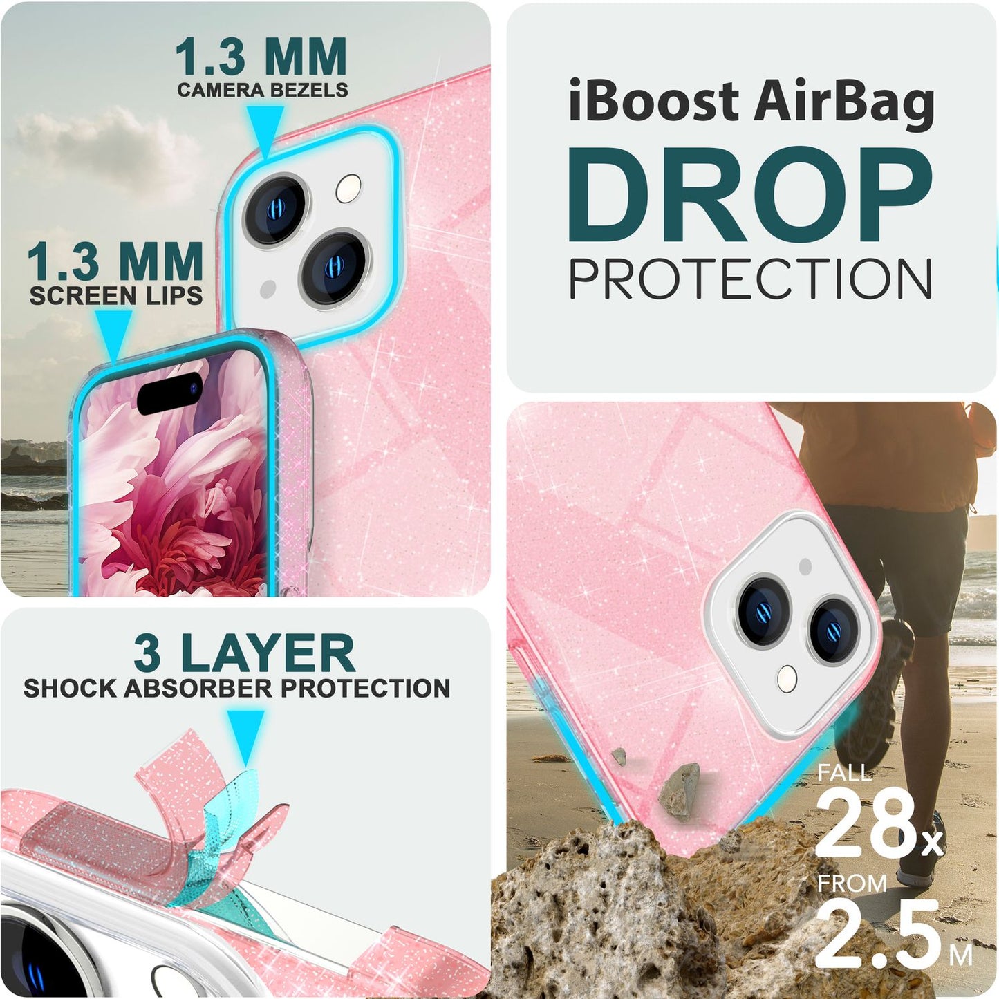 Glitrandi hulstur fyrir iPhone 15 Hybrid Bling hulstur Sílikon símahulstur Verndandi poki