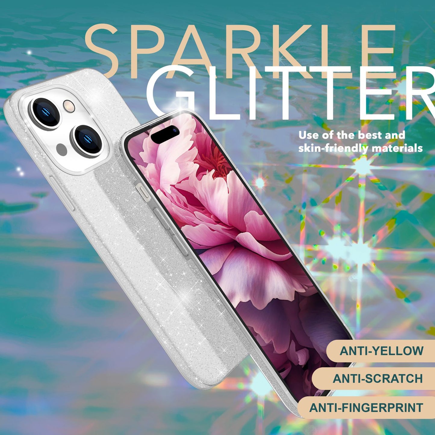 Glitrandi hulstur fyrir iPhone 15 Hybrid Bling hulstur Sílikon símahulstur Verndandi poki
