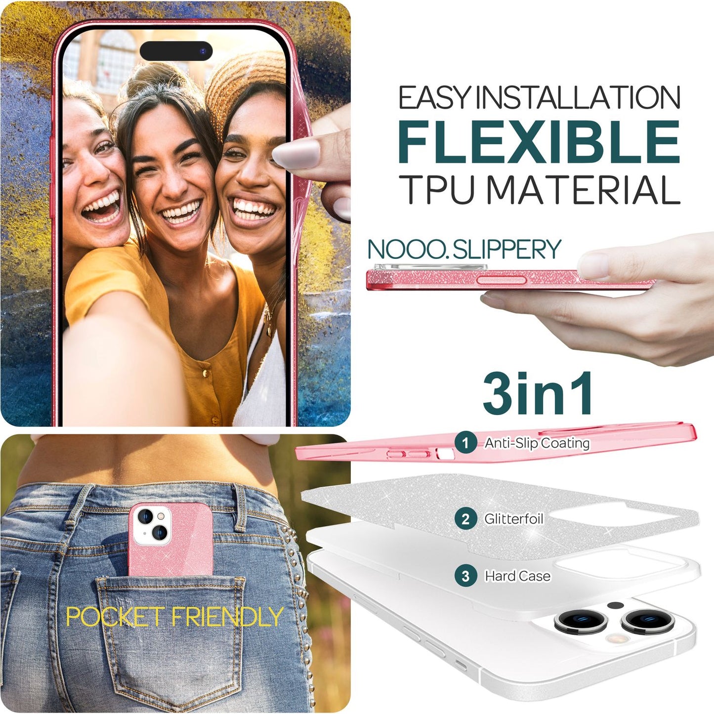 Glitrandi hulstur fyrir iPhone 15 Hybrid Bling hulstur Sílikon símahulstur Verndandi poki