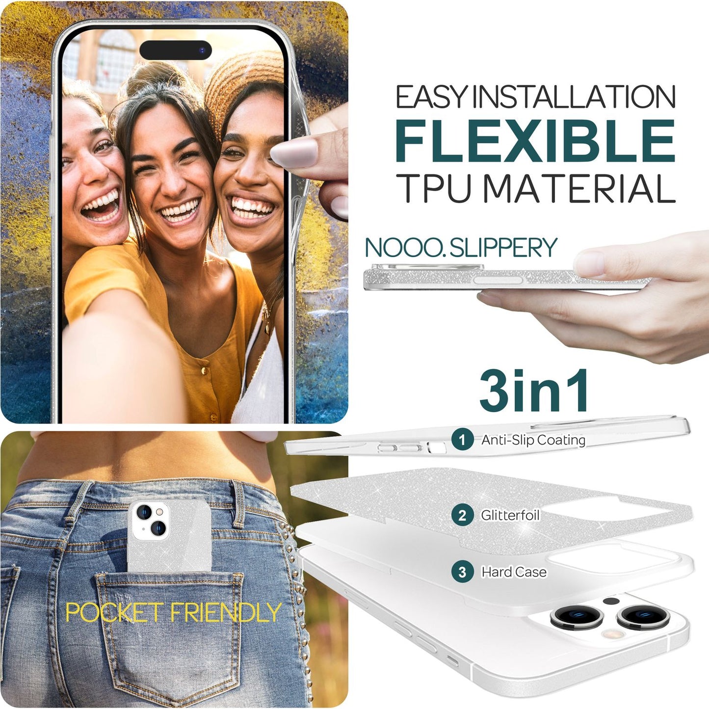 Glitrandi hulstur fyrir iPhone 15 Hybrid Bling hulstur Sílikon símahulstur Verndandi poki