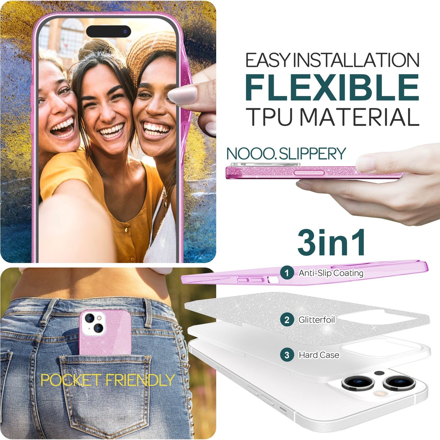 Glitrandi hulstur fyrir iPhone 15 Plus Hybrid Bling hulstur Sílikon símahulstur TPU