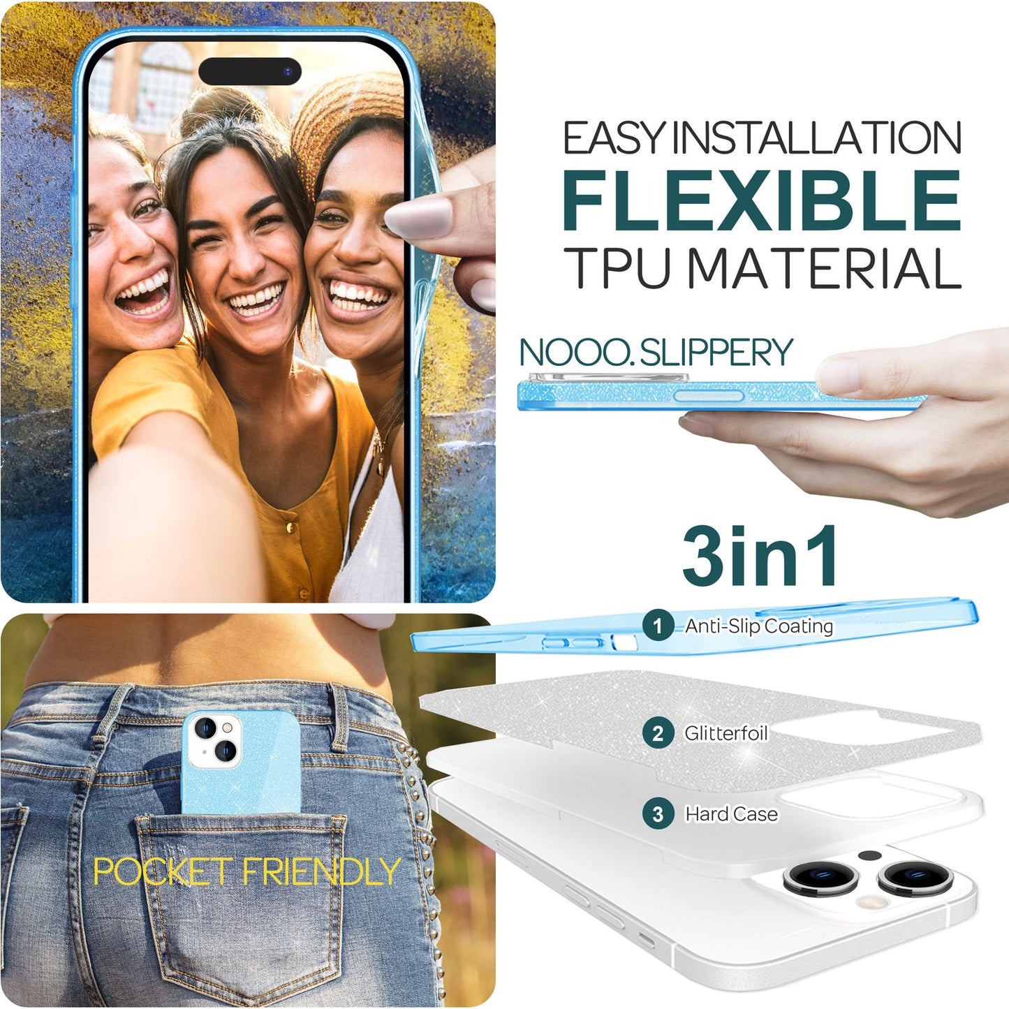 Glitrandi hulstur fyrir iPhone 15 Plus Hybrid Bling hulstur Sílikon símahulstur TPU