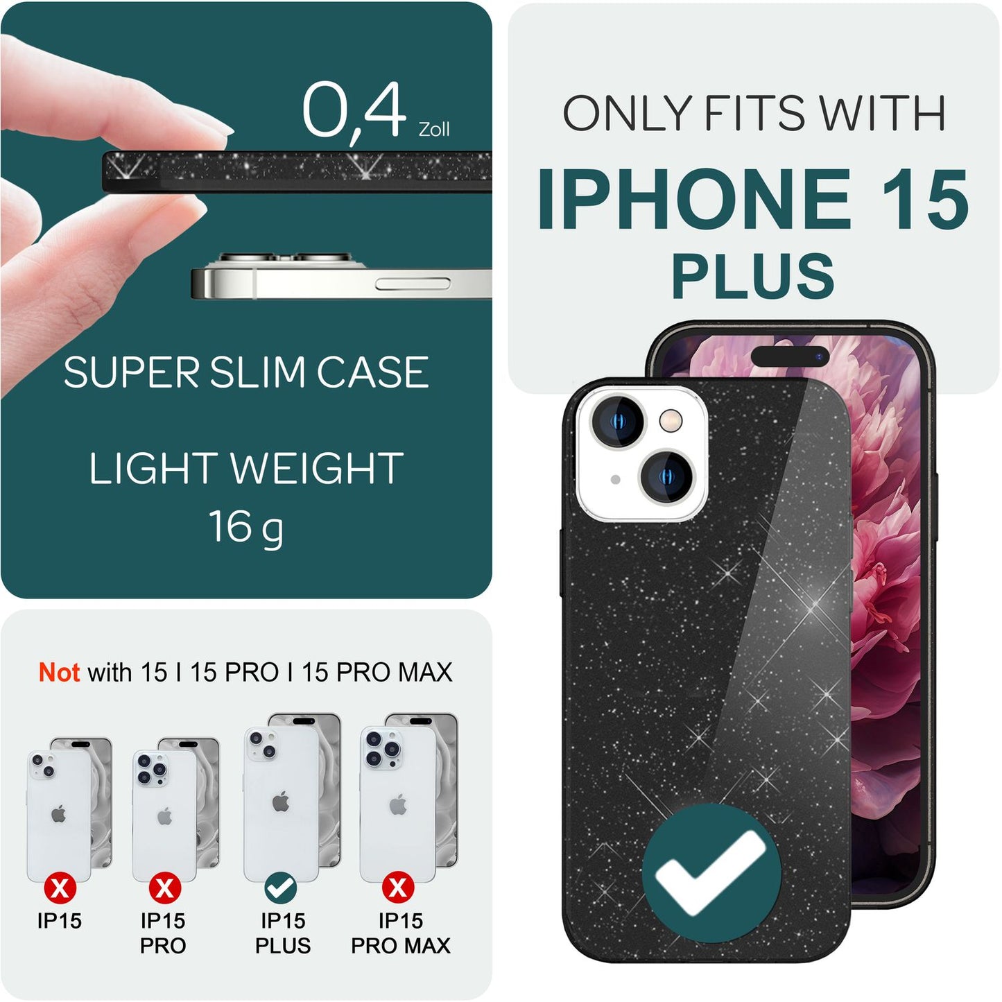 Glitrandi hulstur fyrir iPhone 15 Plus Hybrid Bling hulstur Sílikon símahulstur TPU
