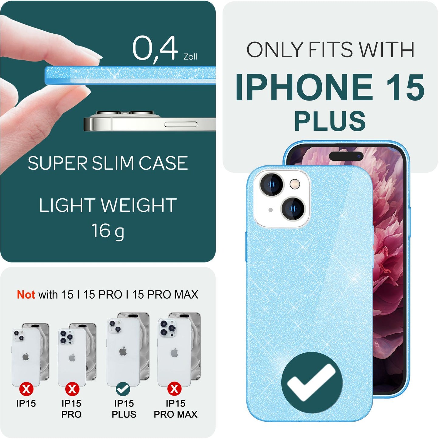 Glitrandi hulstur fyrir iPhone 15 Plus Hybrid Bling hulstur Sílikon símahulstur TPU