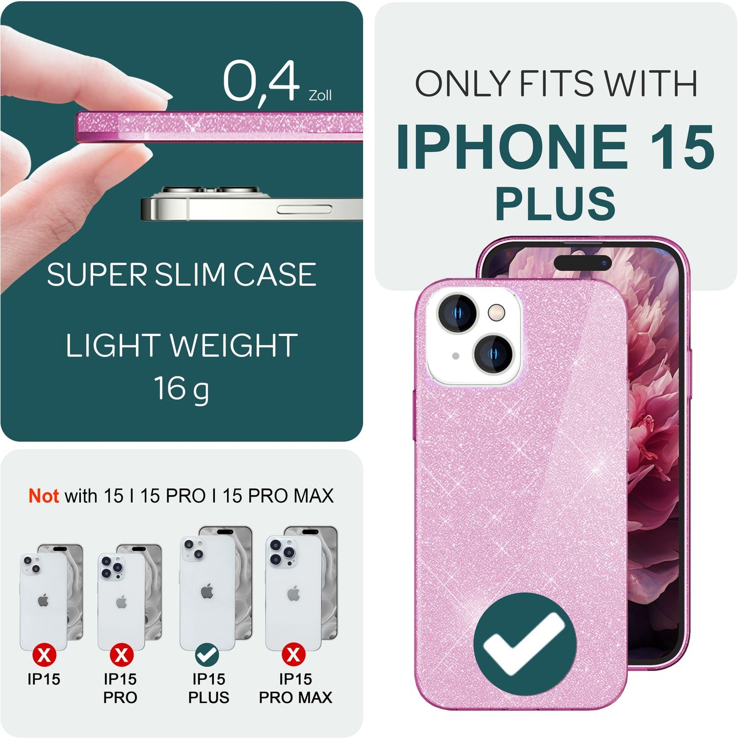 Glitrandi hulstur fyrir iPhone 15 Plus Hybrid Bling hulstur Sílikon símahulstur TPU