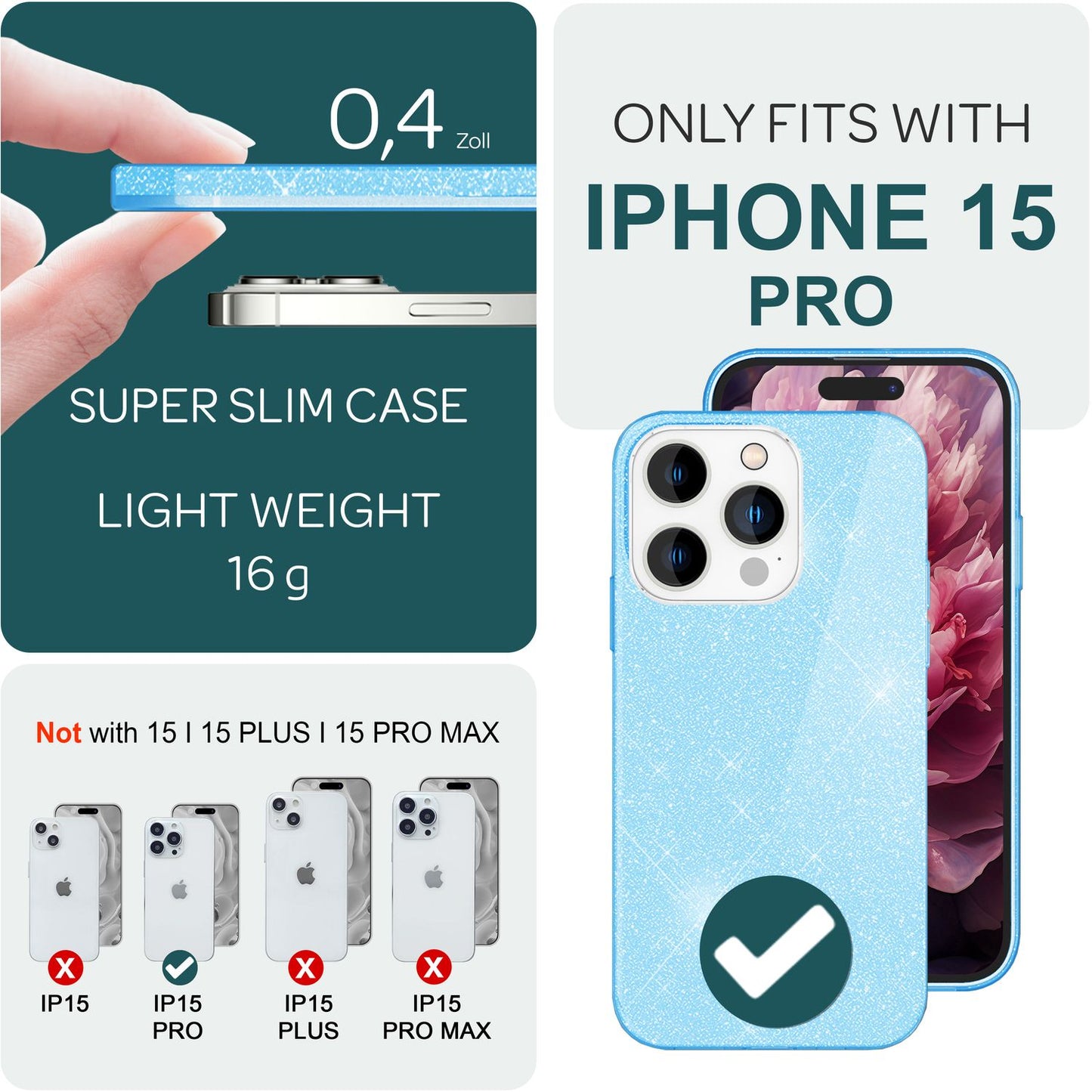 Glitrandi hulstur fyrir iPhone 15 Pro Hybrid Bling hulstur Sílikon símahulstur Verndandi hulstur