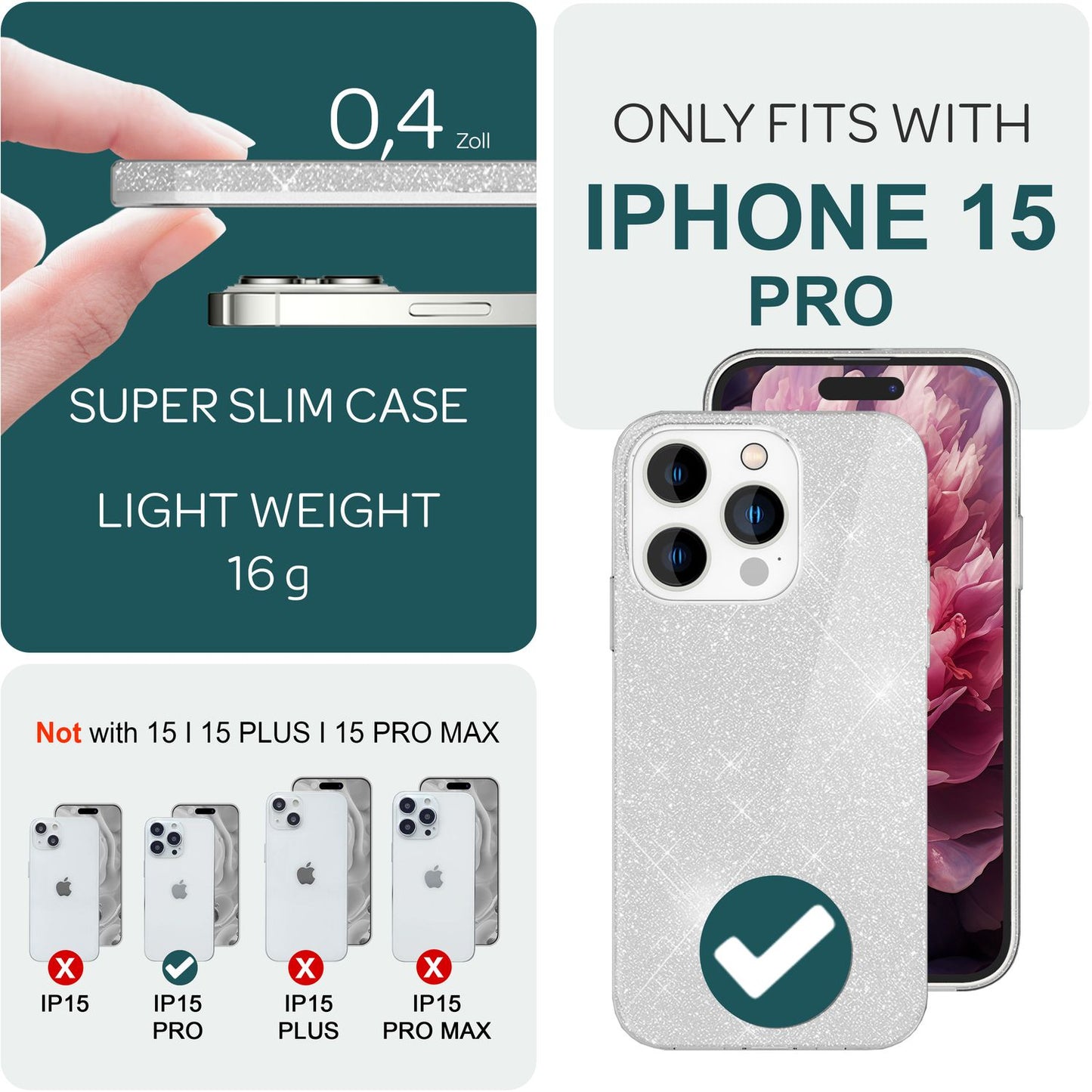 Glitrandi hulstur fyrir iPhone 15 Pro Hybrid Bling hulstur Sílikon símahulstur Verndandi hulstur