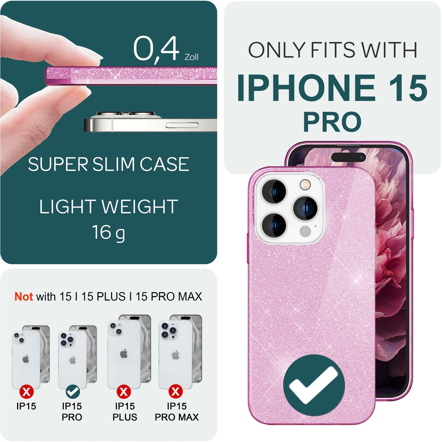 Glitrandi hulstur fyrir iPhone 15 Pro Hybrid Bling hulstur Sílikon símahulstur Verndandi hulstur