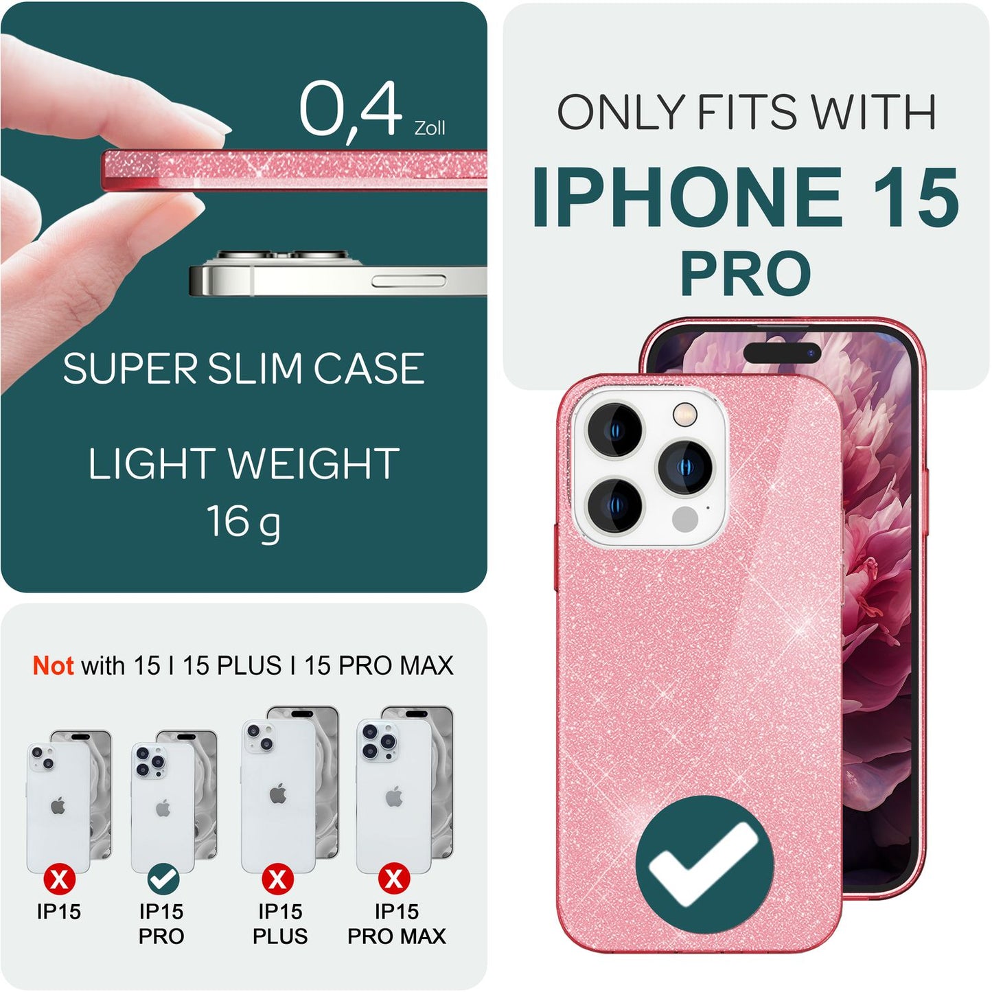 Glitrandi hulstur fyrir iPhone 15 Pro Hybrid Bling hulstur Sílikon símahulstur Verndandi hulstur