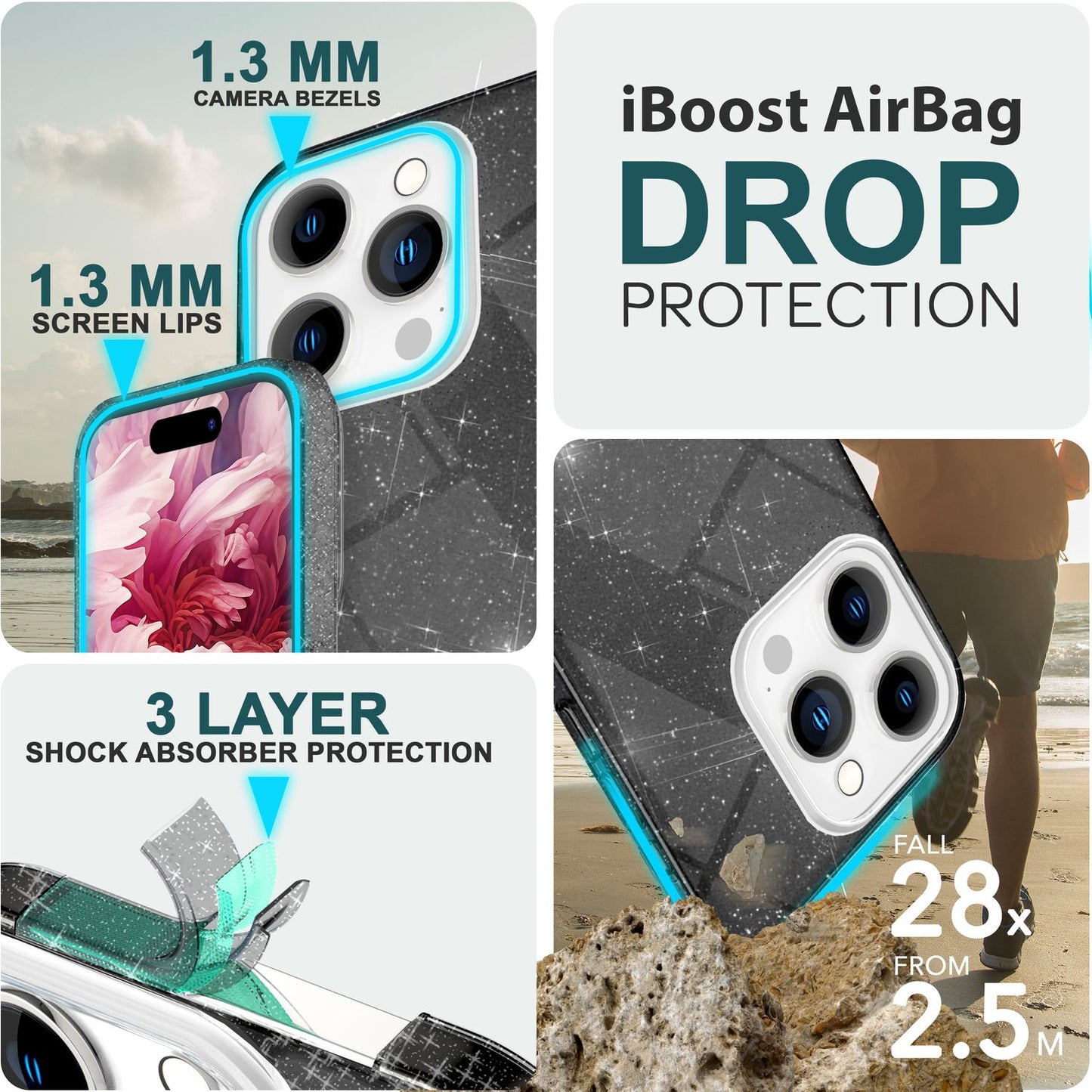 Glitrandi hulstur fyrir iPhone 15 Pro Hybrid Bling hulstur Sílikon símahulstur Verndandi hulstur