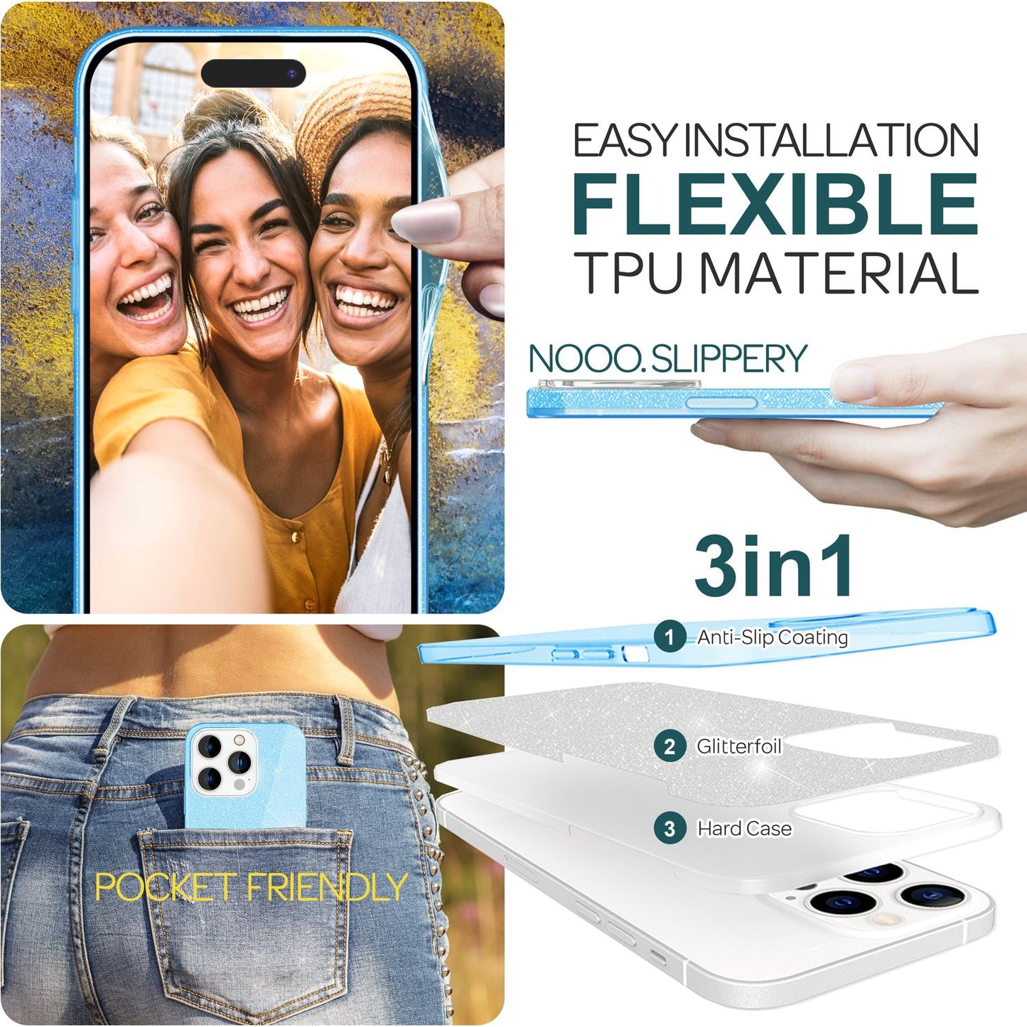 Glitrandi hulstur fyrir iPhone 15 Pro Hybrid Bling hulstur Sílikon símahulstur Verndandi hulstur