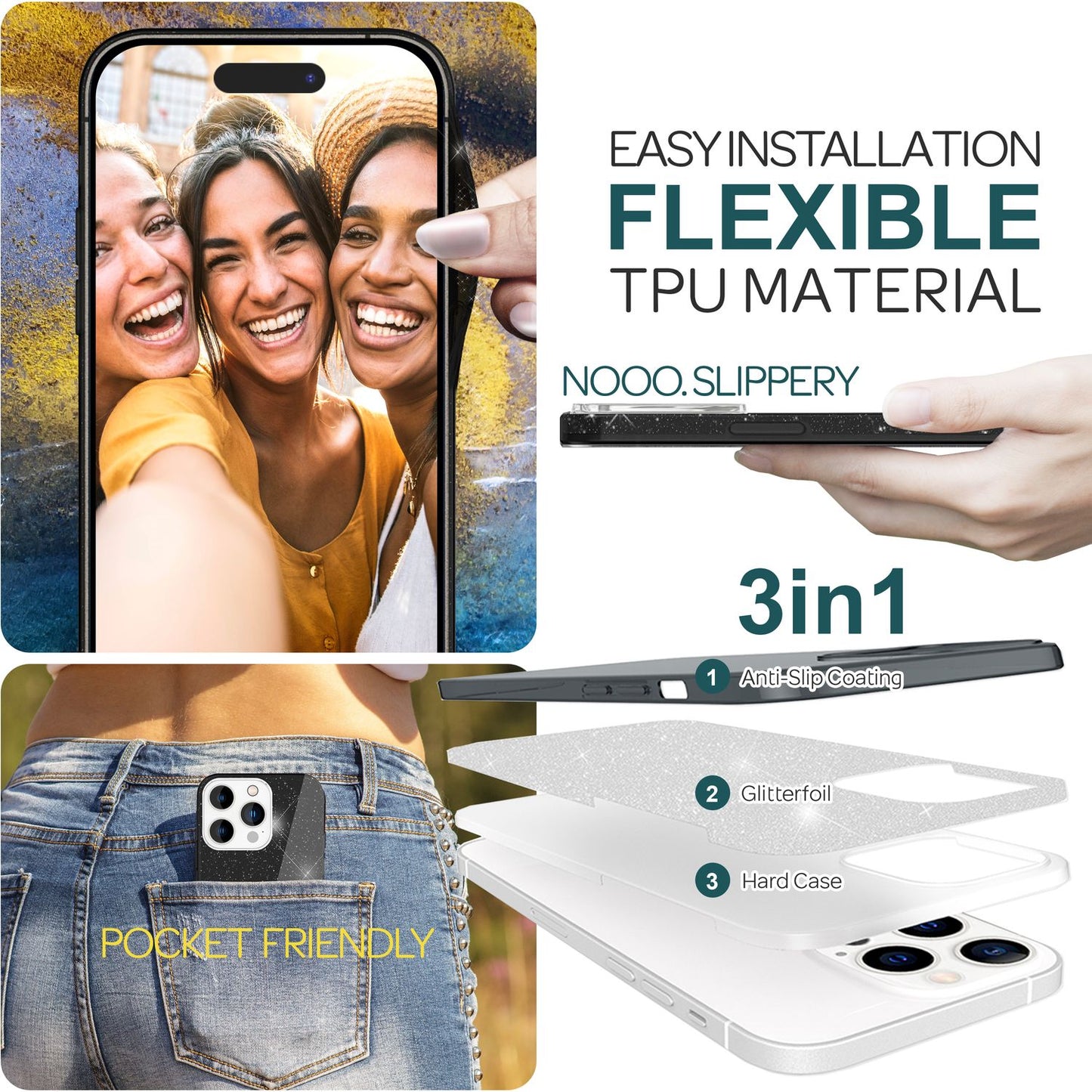 Glitrandi hulstur fyrir iPhone 15 Pro Hybrid Bling hulstur Sílikon símahulstur Verndandi hulstur