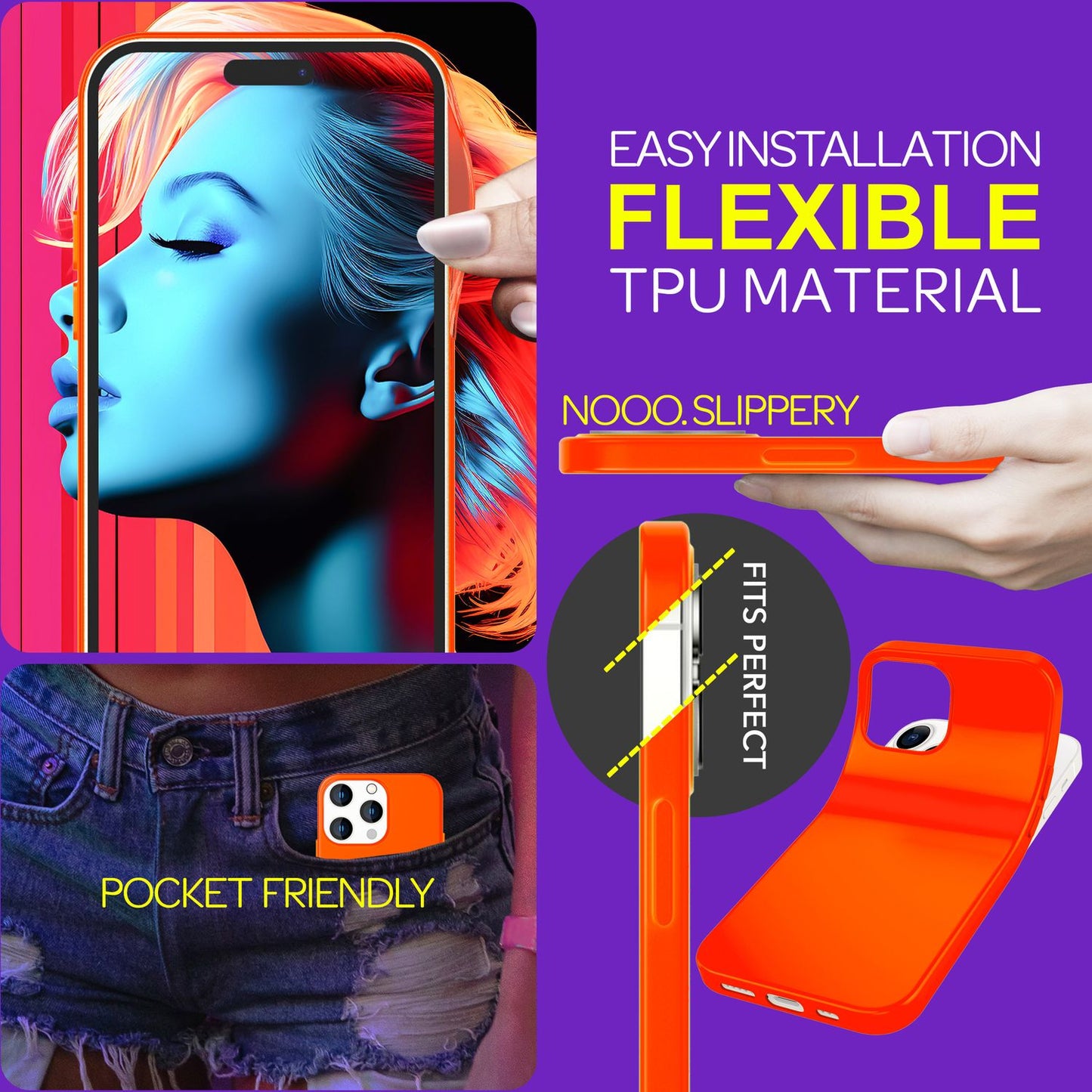 Neon hulstur fyrir iPhone 15 Pro, sílikon hlífðarhulstur, litríkt þunnt hulstur, símahulstur