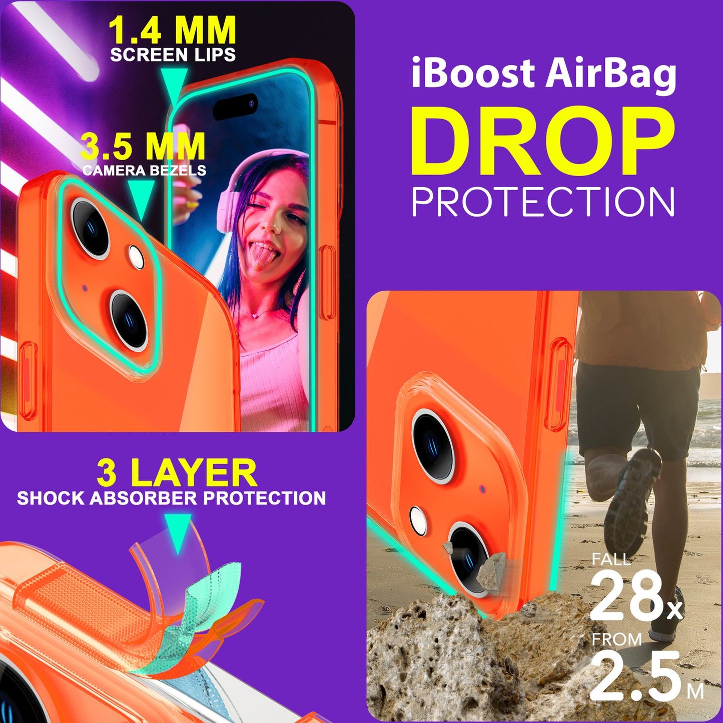 Neon gegnsætt hulstur fyrir iPhone 15 Plus, litríkt, lýsandi sílikon símahulstur, hlífðarhulstur