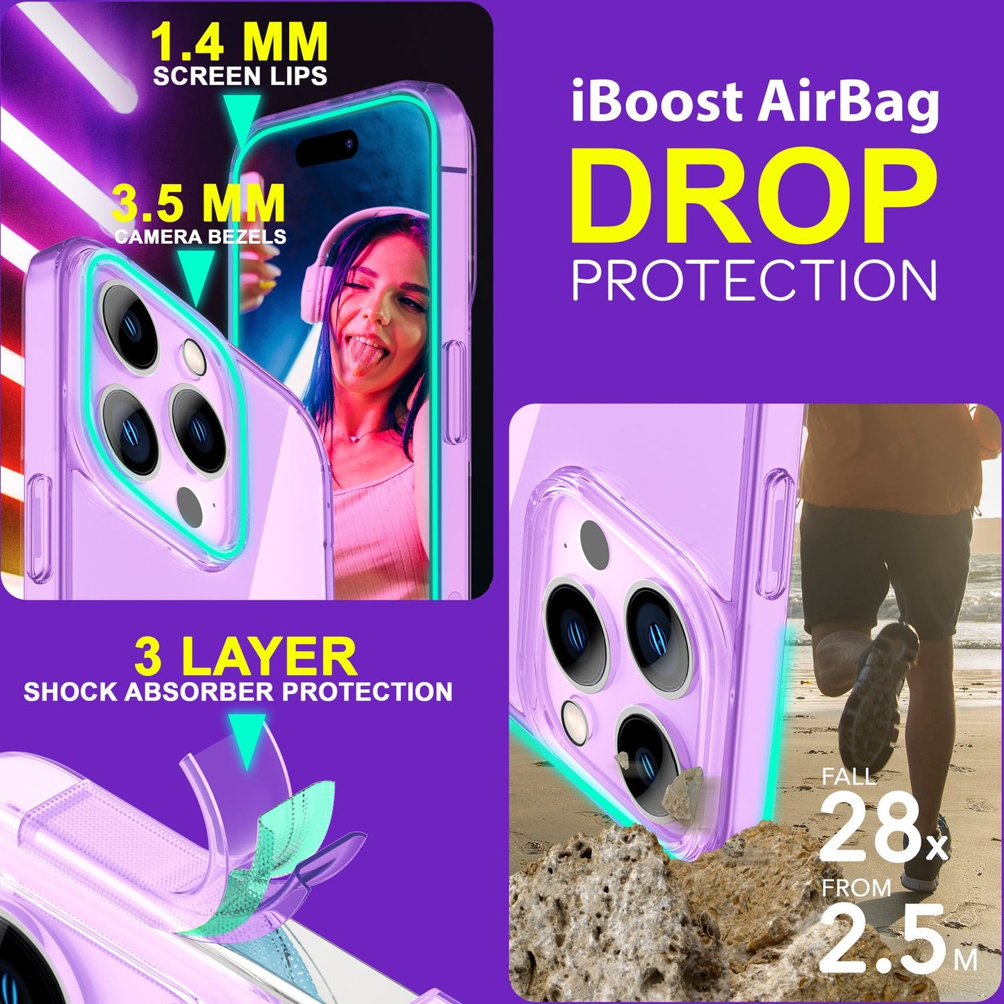 Neon gegnsætt hulstur fyrir iPhone 15 Pro Max, litríkt, lýsandi sílikon TPU símahulstur