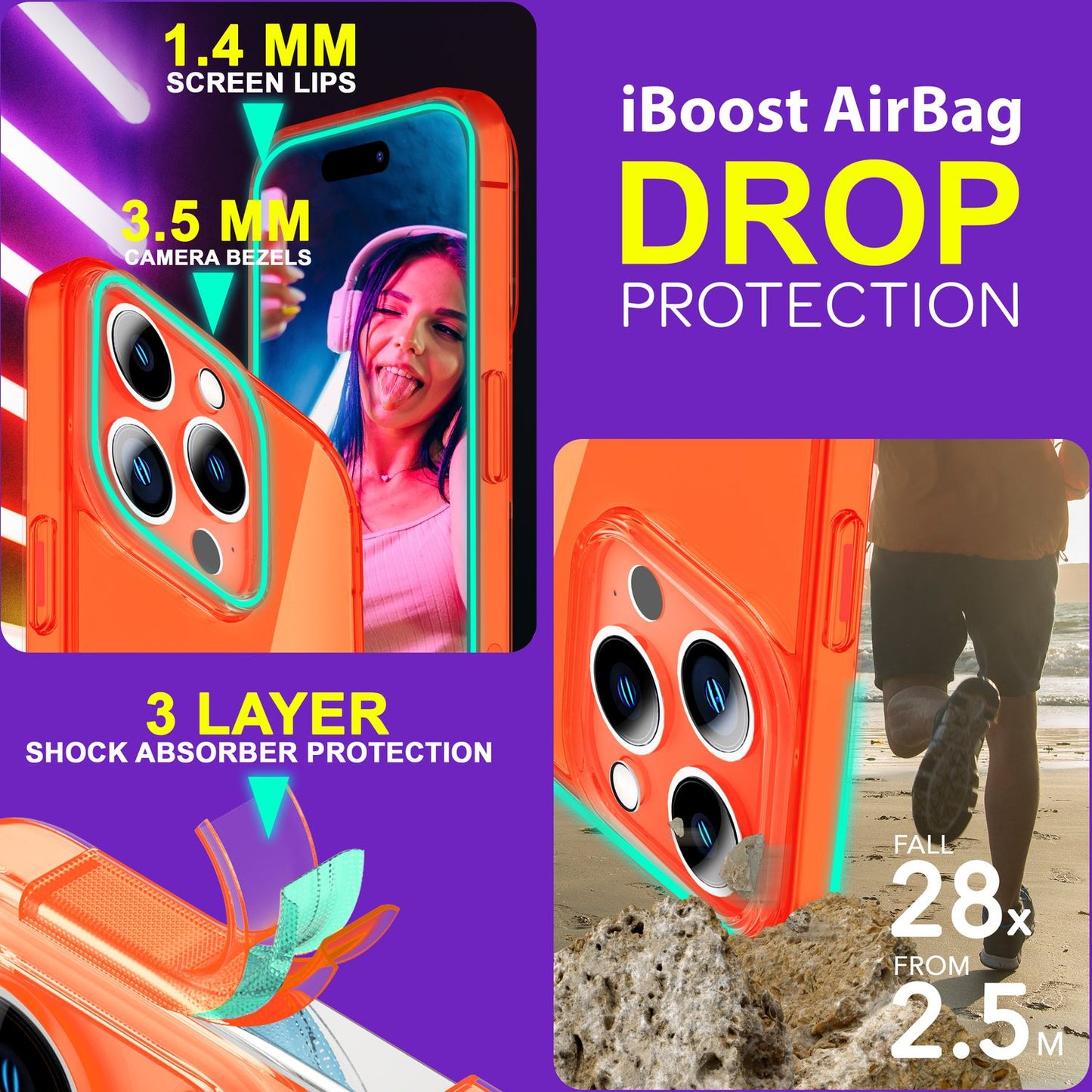 Neon gegnsætt hulstur fyrir iPhone 15 Pro Max, litríkt, lýsandi sílikon TPU símahulstur