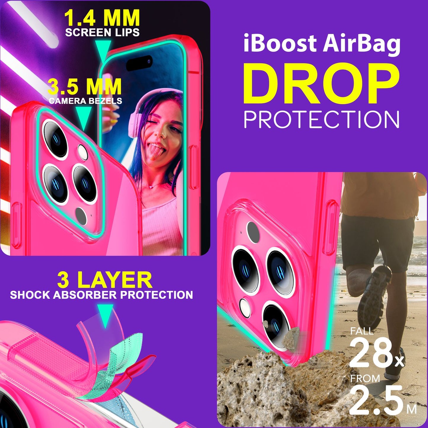 Neon gegnsætt hulstur fyrir iPhone 15 Pro Max, litríkt, lýsandi sílikon TPU símahulstur